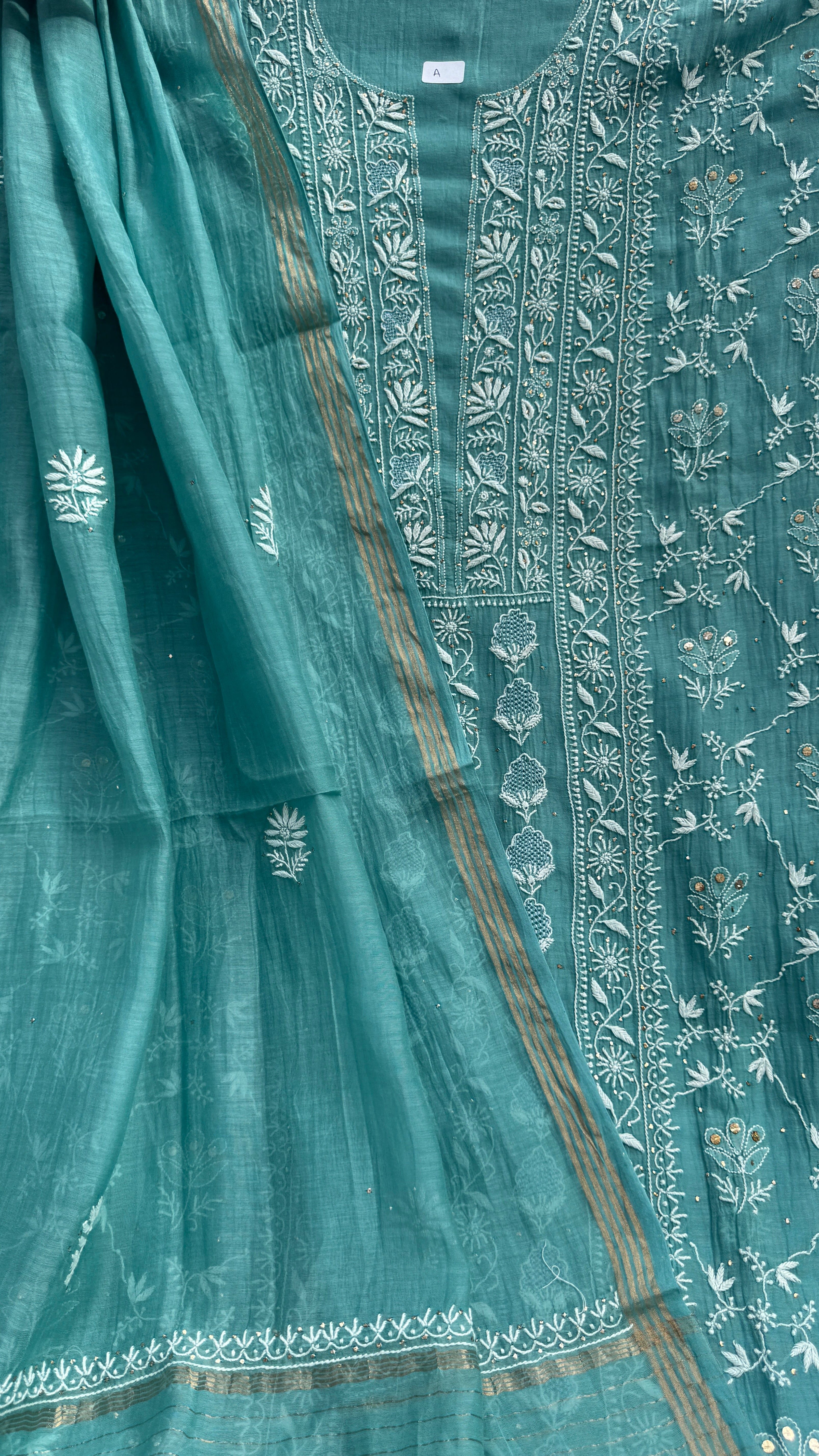 Mul Chanderi Chikankari Unstitched Length with Dupatta with Mukaish Add-On- Turquoise Green