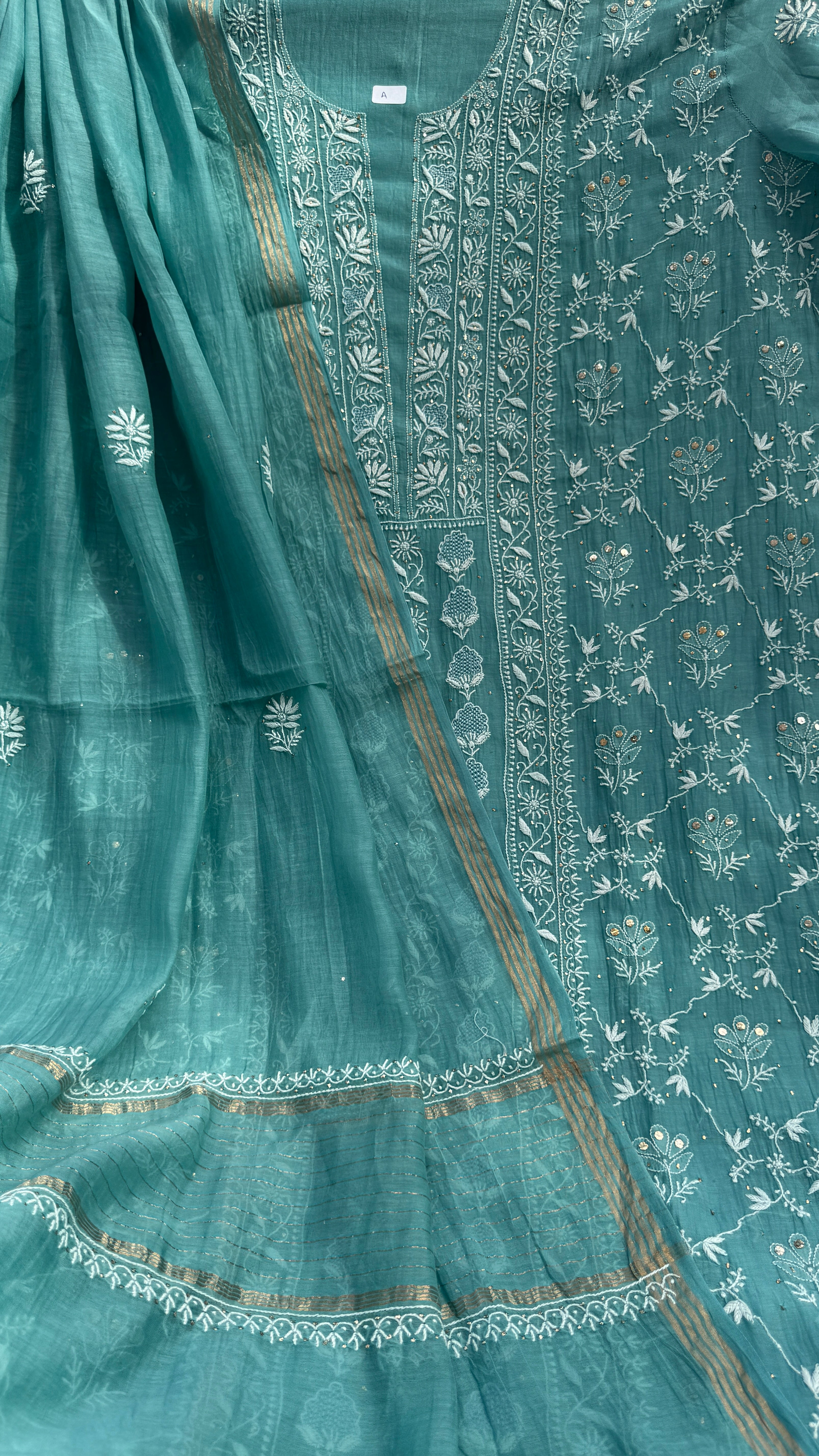 Mul Chanderi Chikankari Unstitched Length with Dupatta with Mukaish Add-On- Turquoise Green