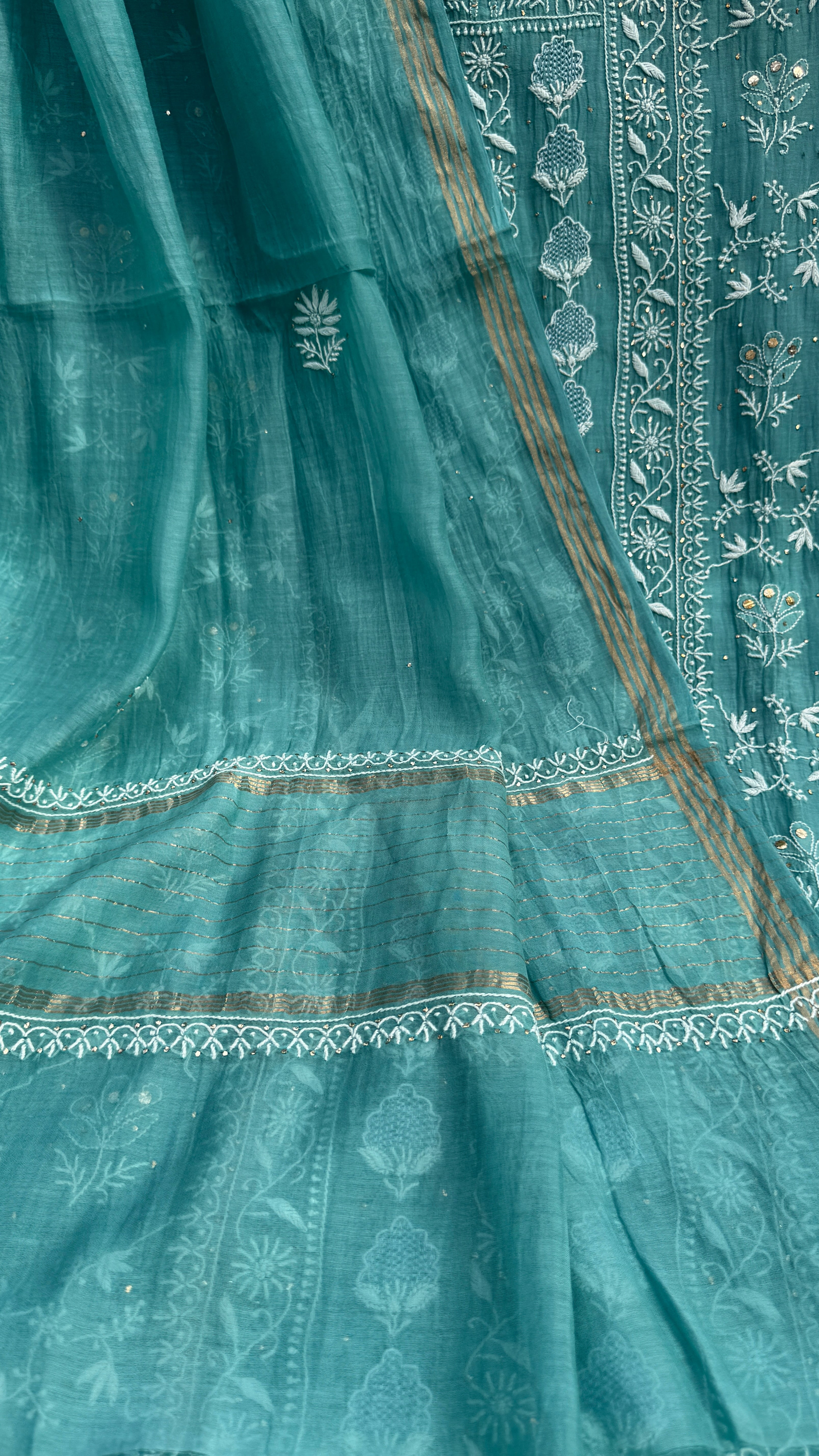 Mul Chanderi Chikankari Unstitched Length with Dupatta with Mukaish Add-On- Turquoise Green