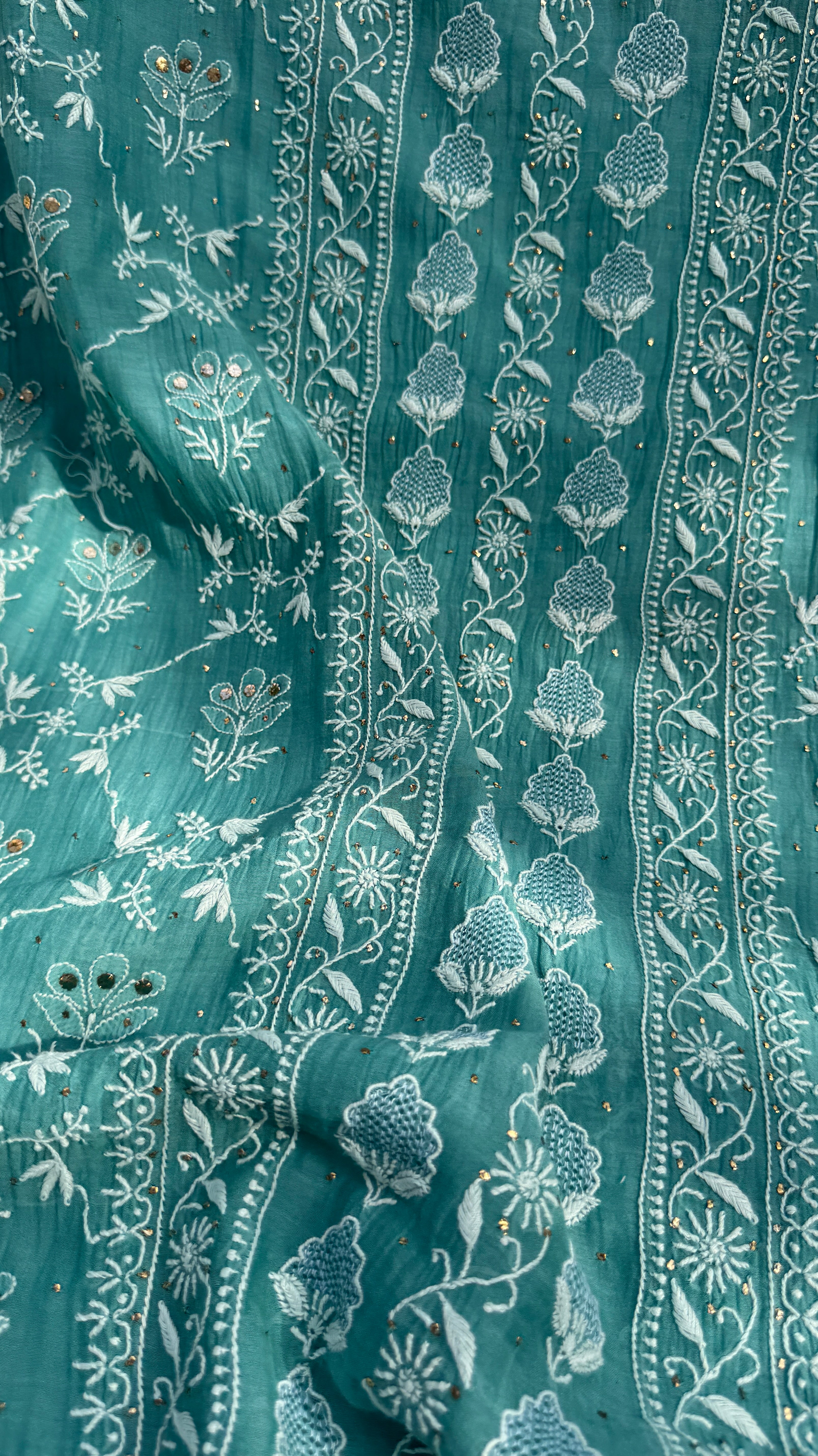Mul Chanderi Chikankari Unstitched Length with Dupatta with Mukaish Add-On- Turquoise Green