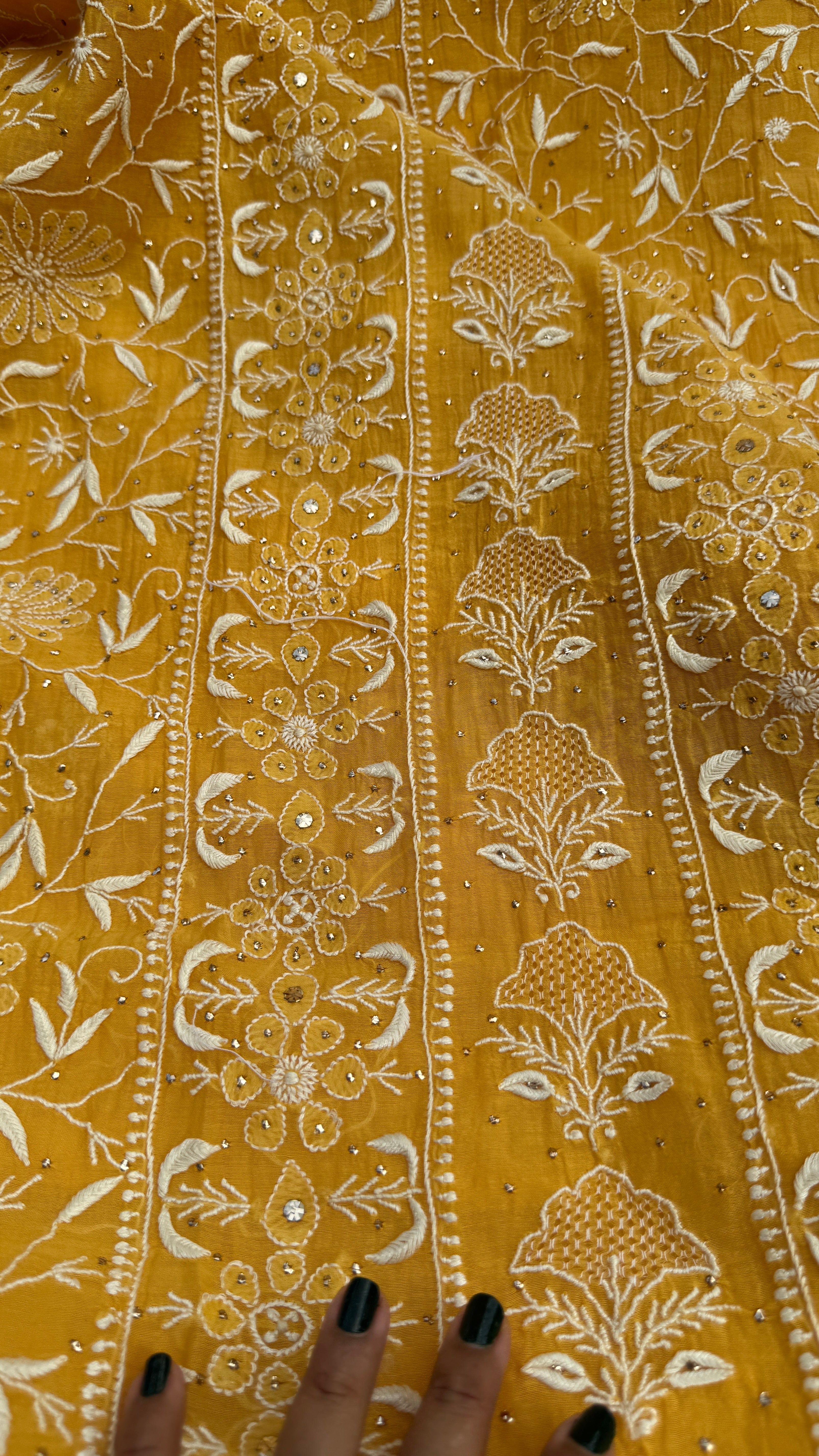 Mul Chanderi Chikankari Unstitched Length with Dupatta with Mukaish Add-On-Mustard Yellow