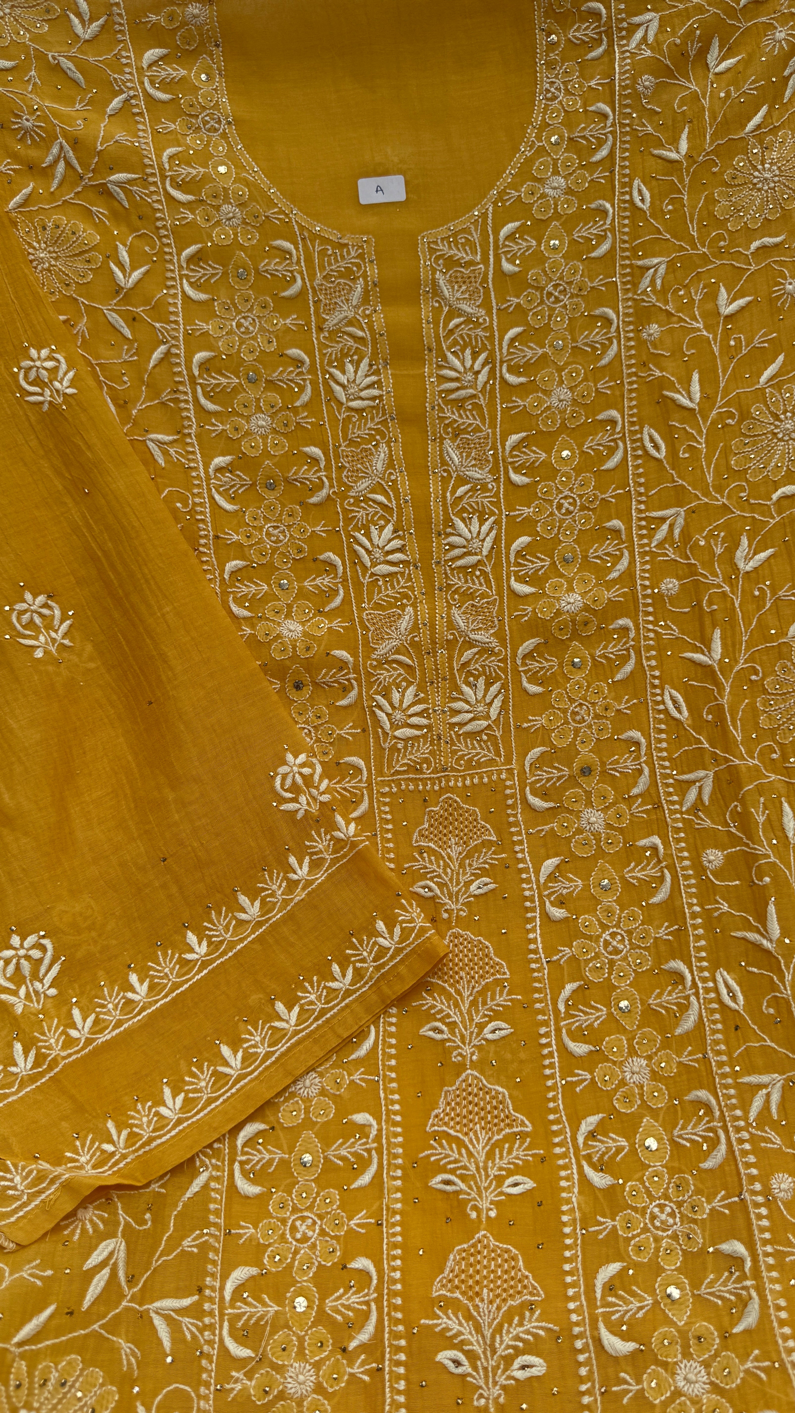 Mul Chanderi Chikankari Unstitched Length with Dupatta with Mukaish Add-On-Mustard Yellow