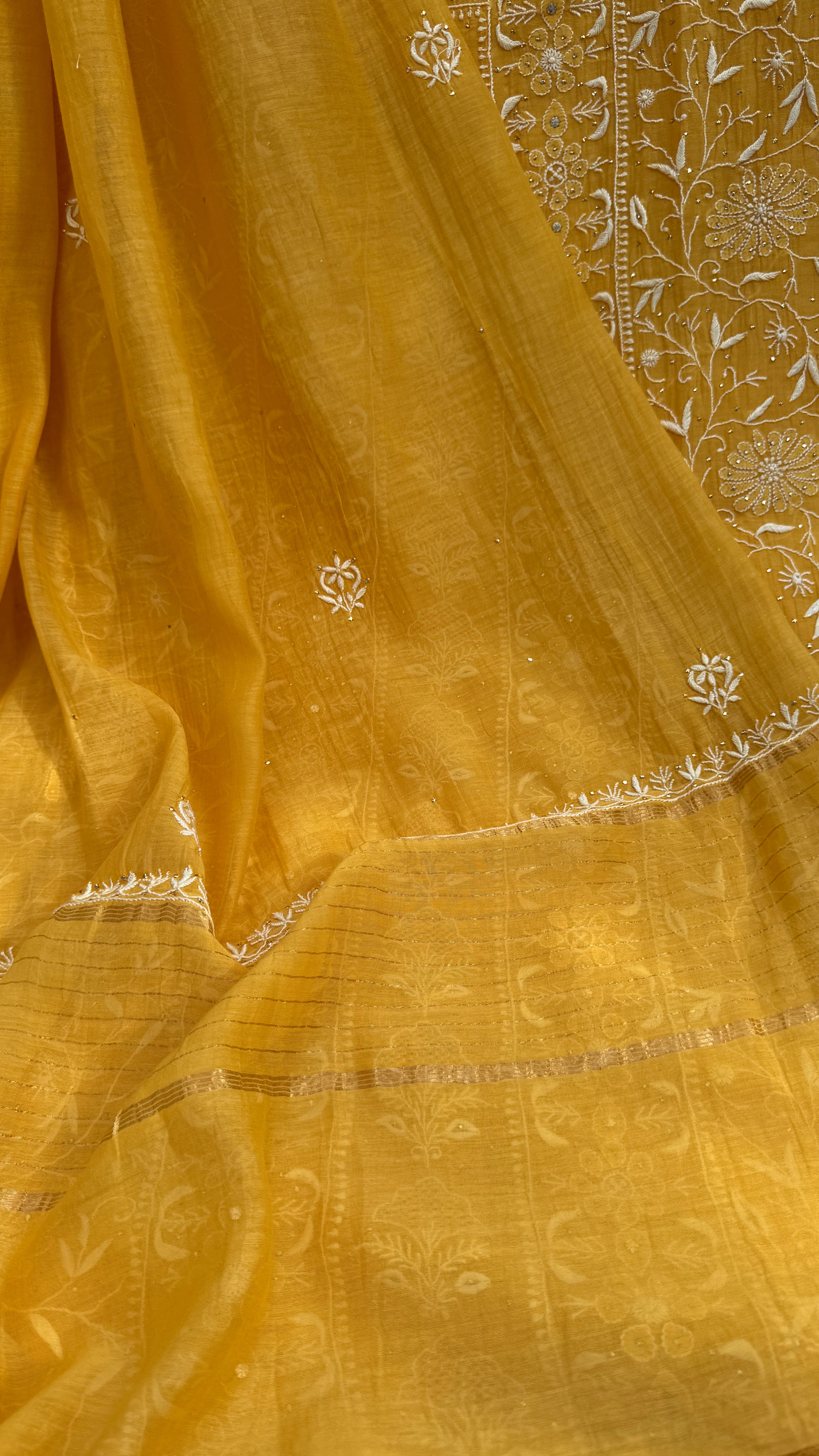 Mul Chanderi Chikankari Unstitched Length with Dupatta with Mukaish Add-On-Mustard Yellow