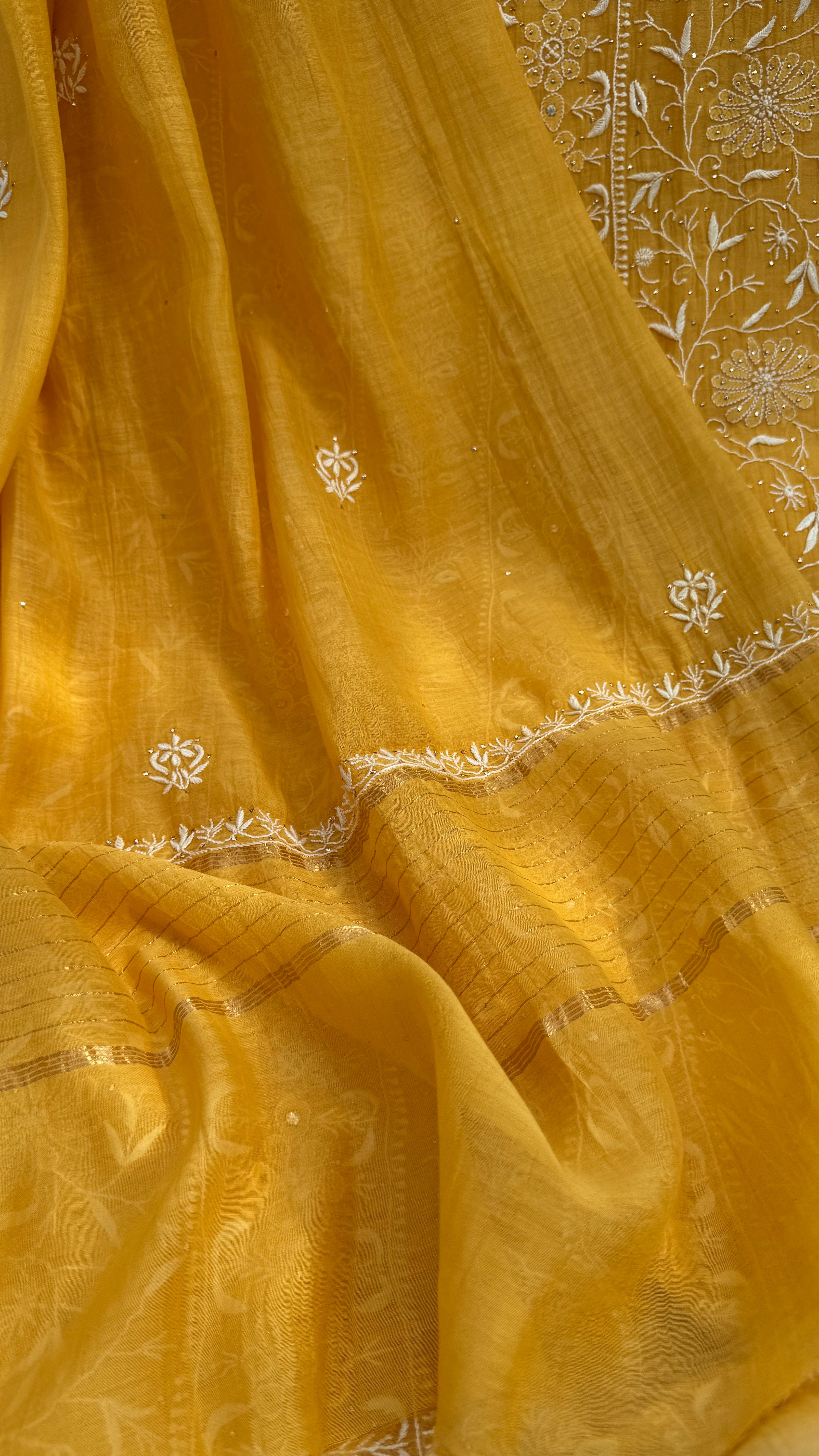 Mul Chanderi Chikankari Unstitched Length with Dupatta with Mukaish Add-On-Mustard Yellow