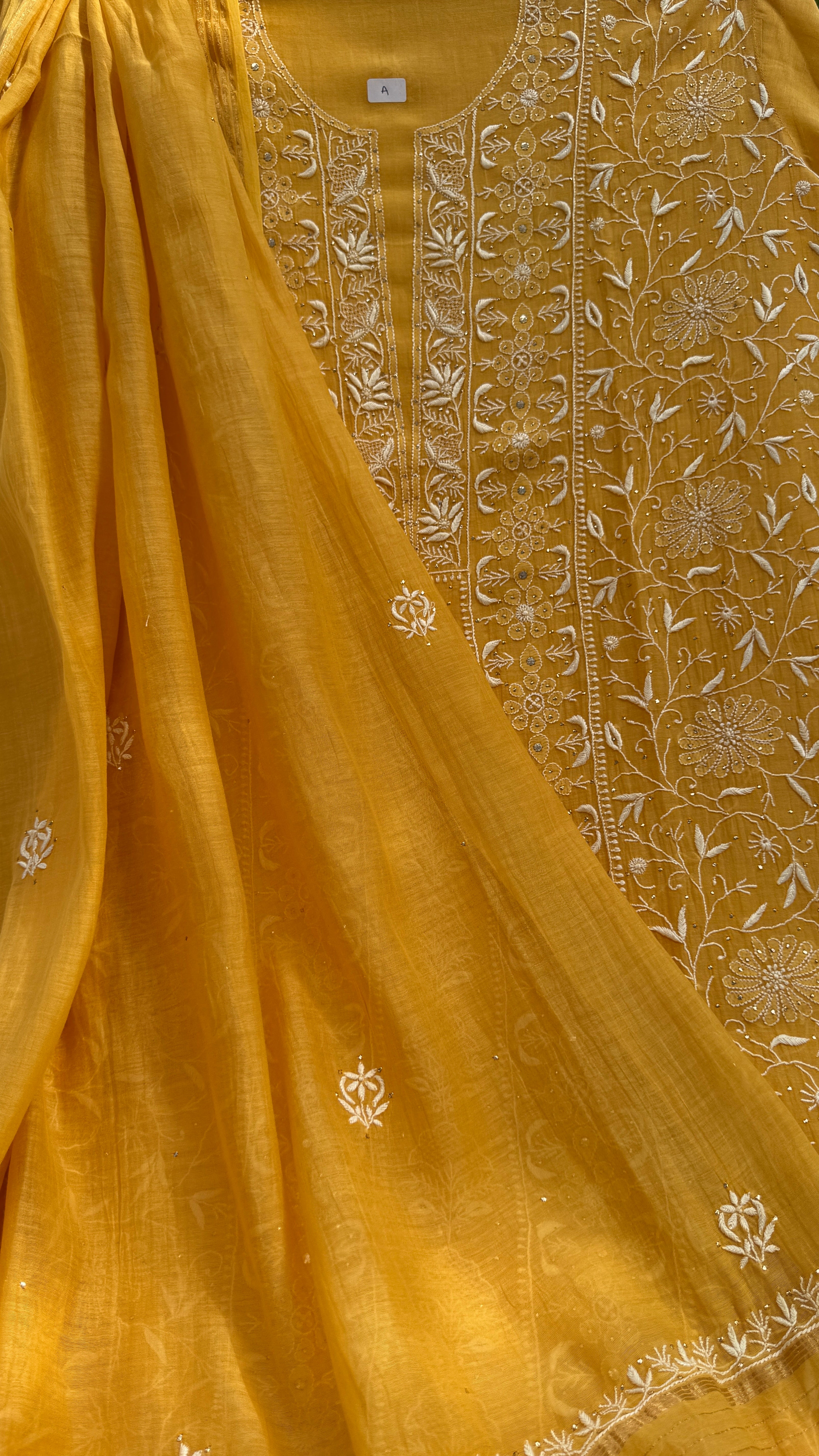 Mul Chanderi Chikankari Unstitched Length with Dupatta with Mukaish Add-On-Mustard Yellow