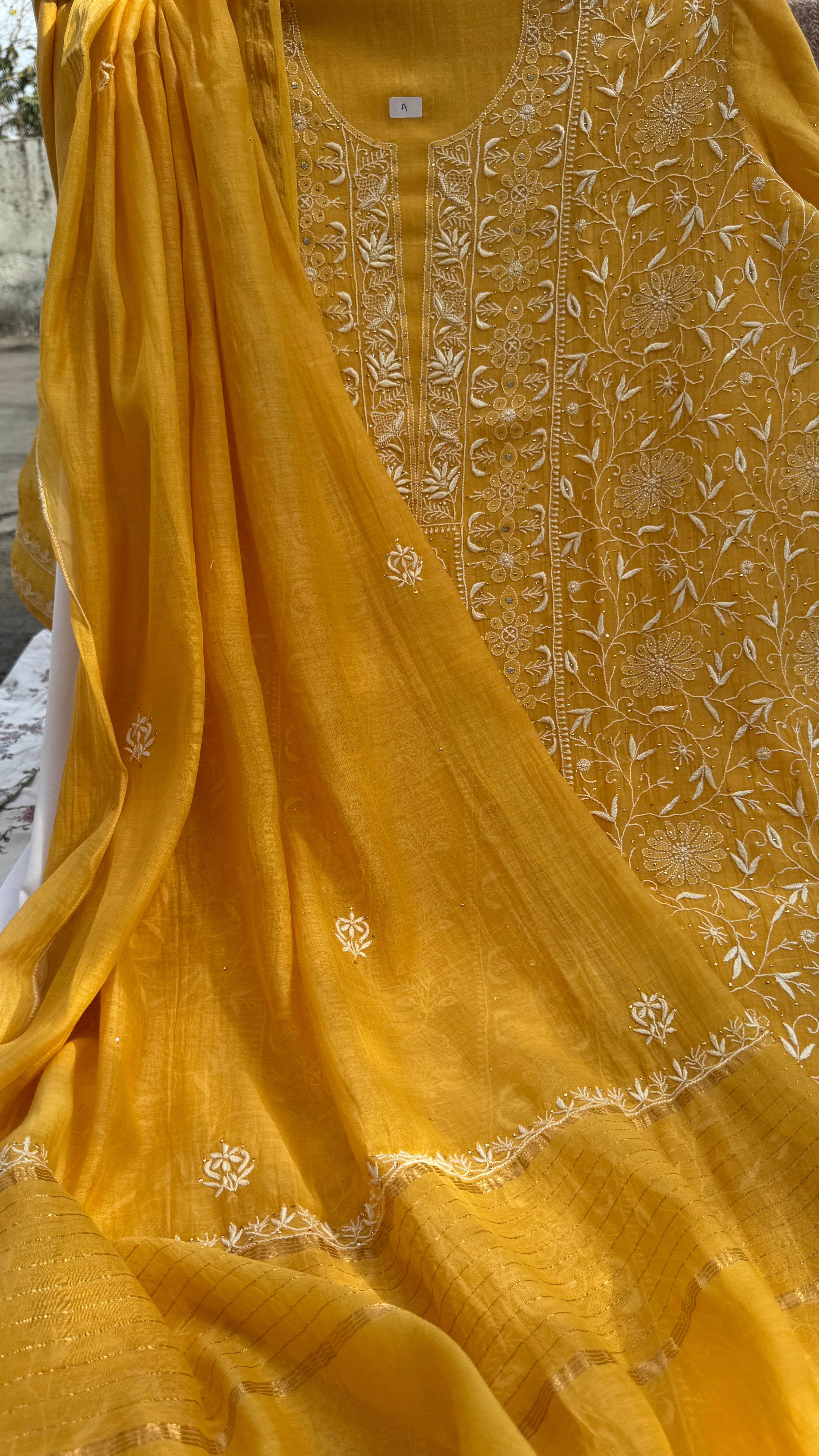 Mul Chanderi Chikankari Unstitched Length with Dupatta with Mukaish Add-On-Mustard Yellow