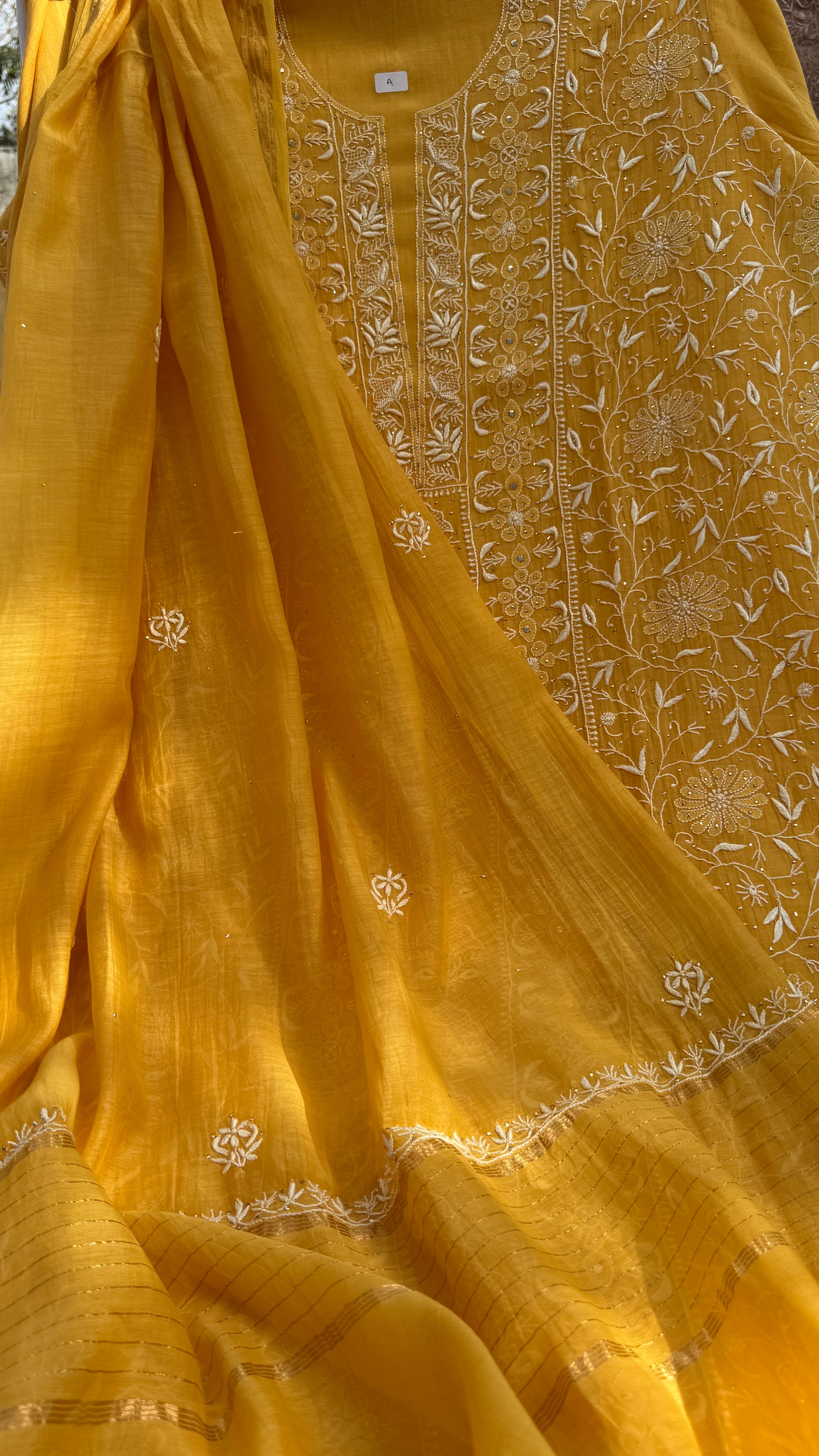 Mul Chanderi Chikankari Unstitched Length with Dupatta with Mukaish Add-On-Mustard Yellow
