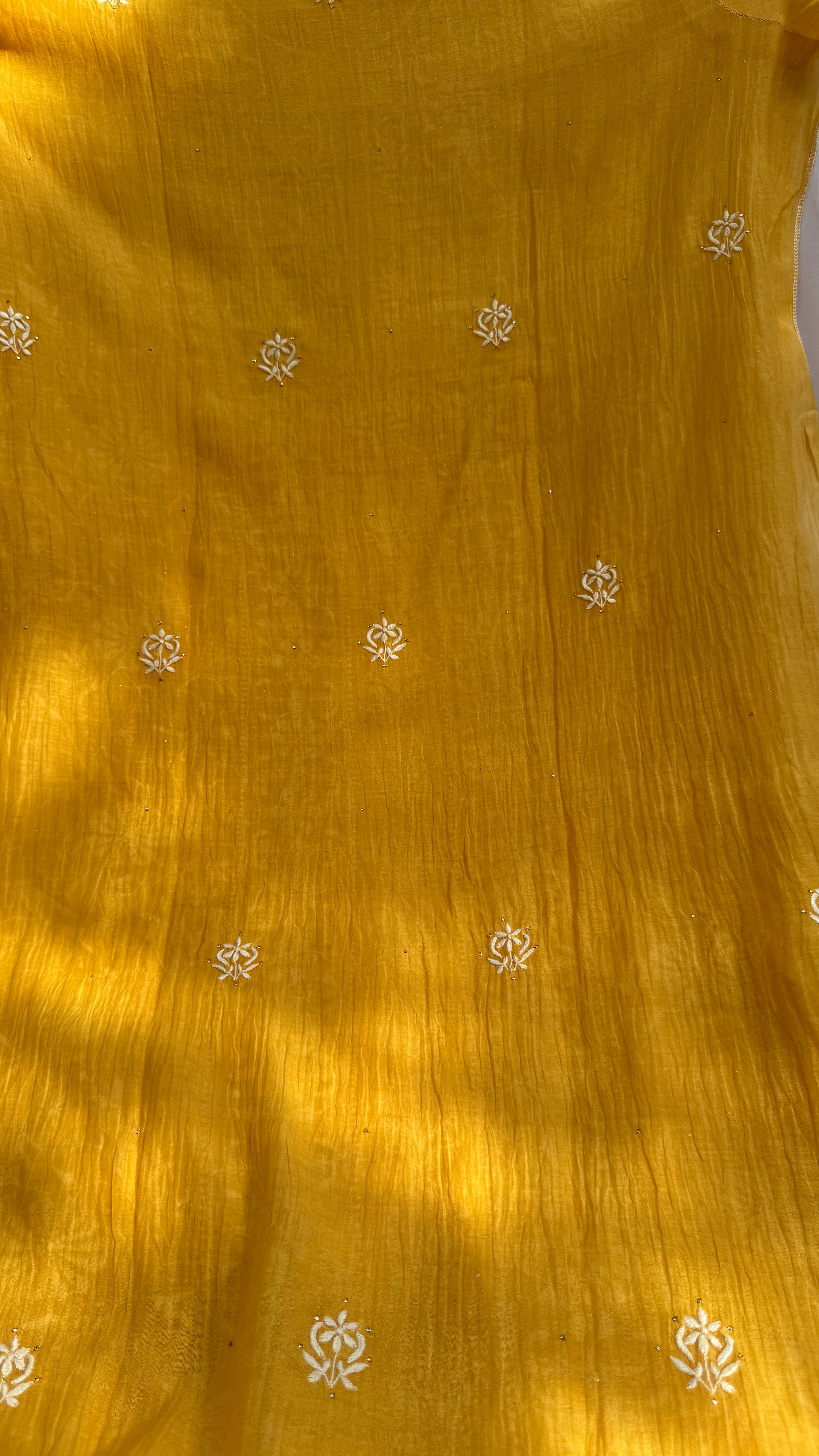 Mul Chanderi Chikankari Unstitched Length with Dupatta with Mukaish Add-On-Mustard Yellow