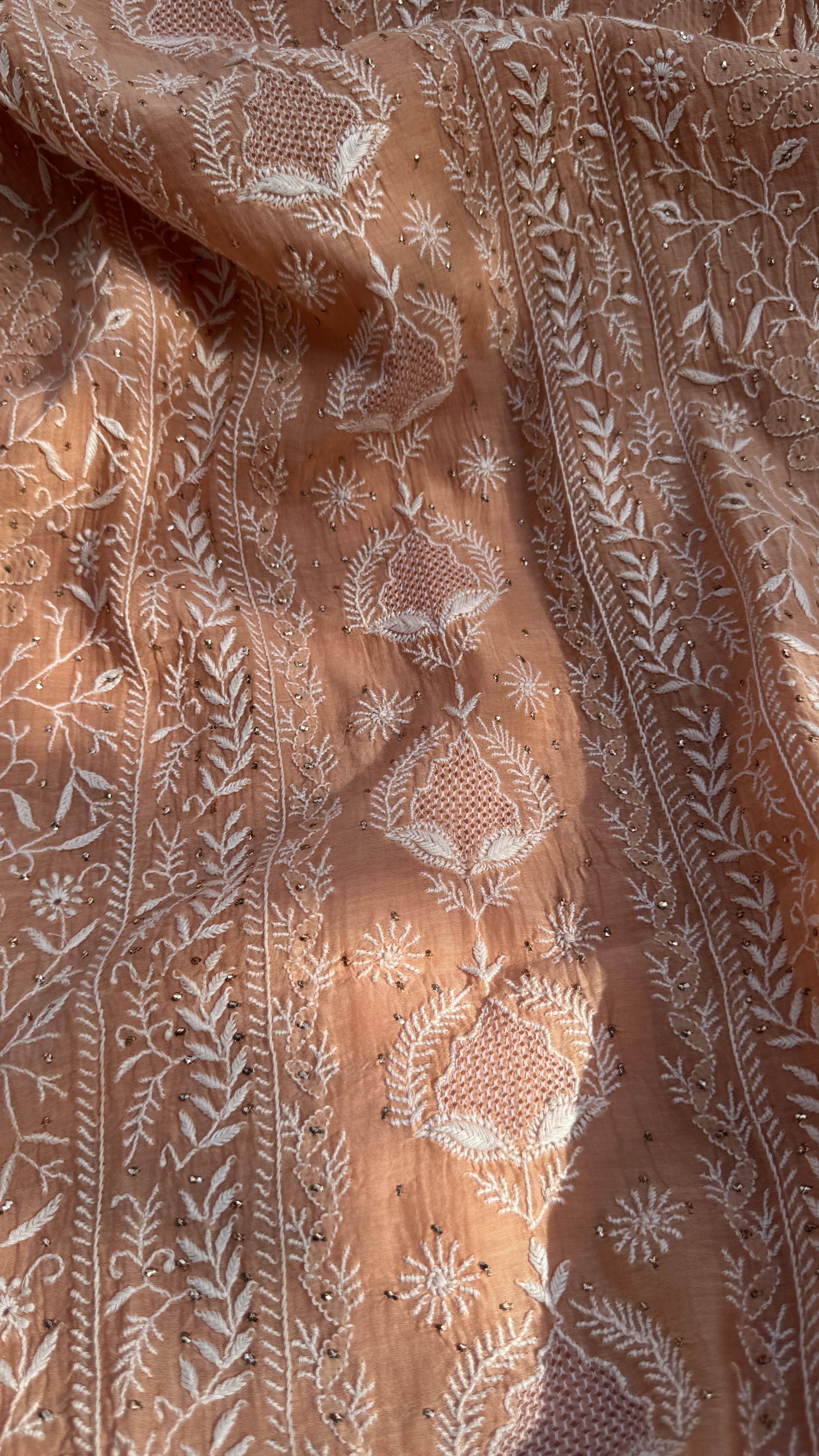 Mul Chanderi Chikankari Unstitched Length with Dupatta with Mukaish Add-On-Peach