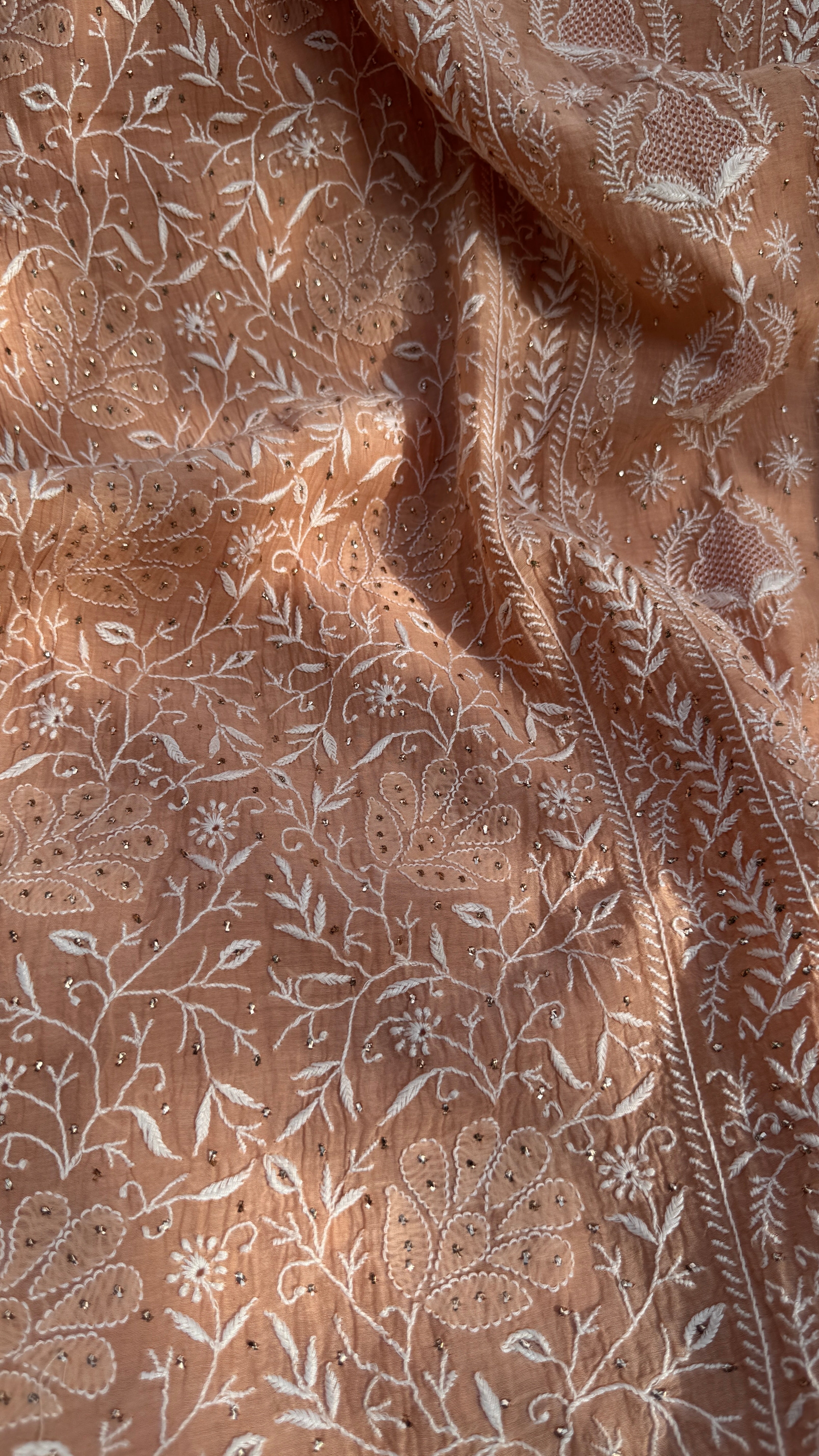 Mul Chanderi Chikankari Unstitched Length with Dupatta with Mukaish Add-On-Peach