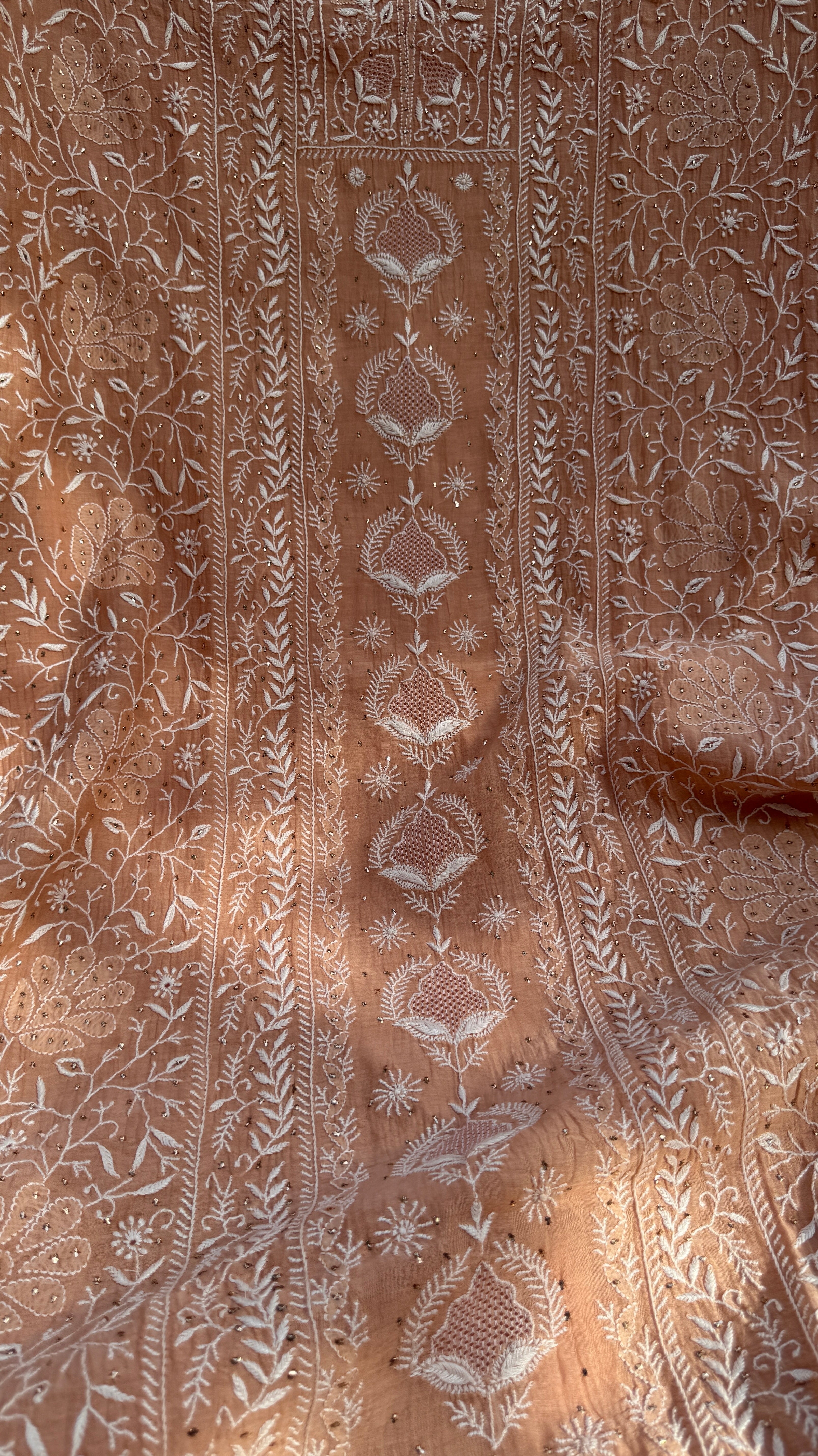 Mul Chanderi Chikankari Unstitched Length with Dupatta with Mukaish Add-On-Peach