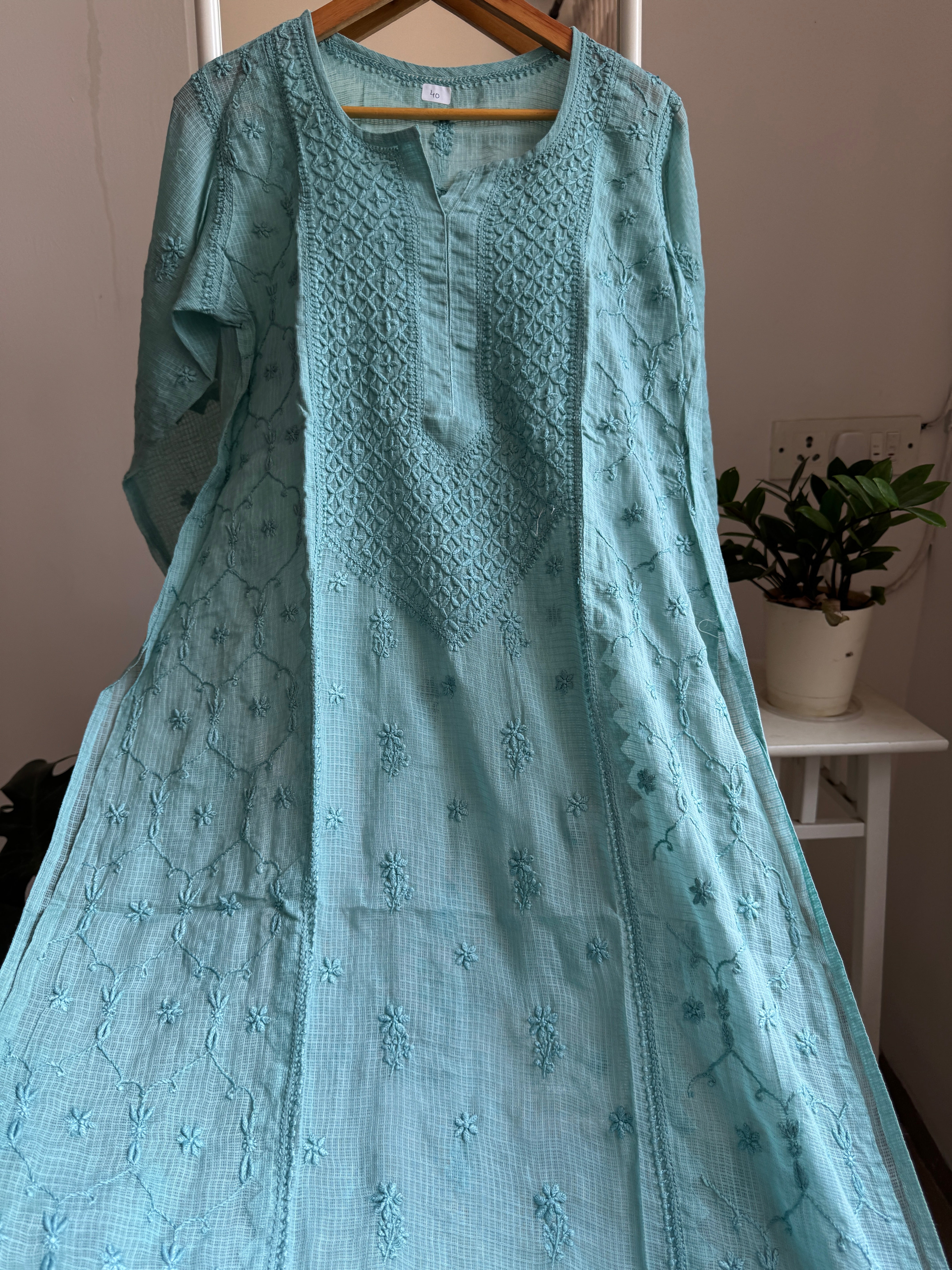 Kota Soft Cotton Chikankari Kurti - Turquoise