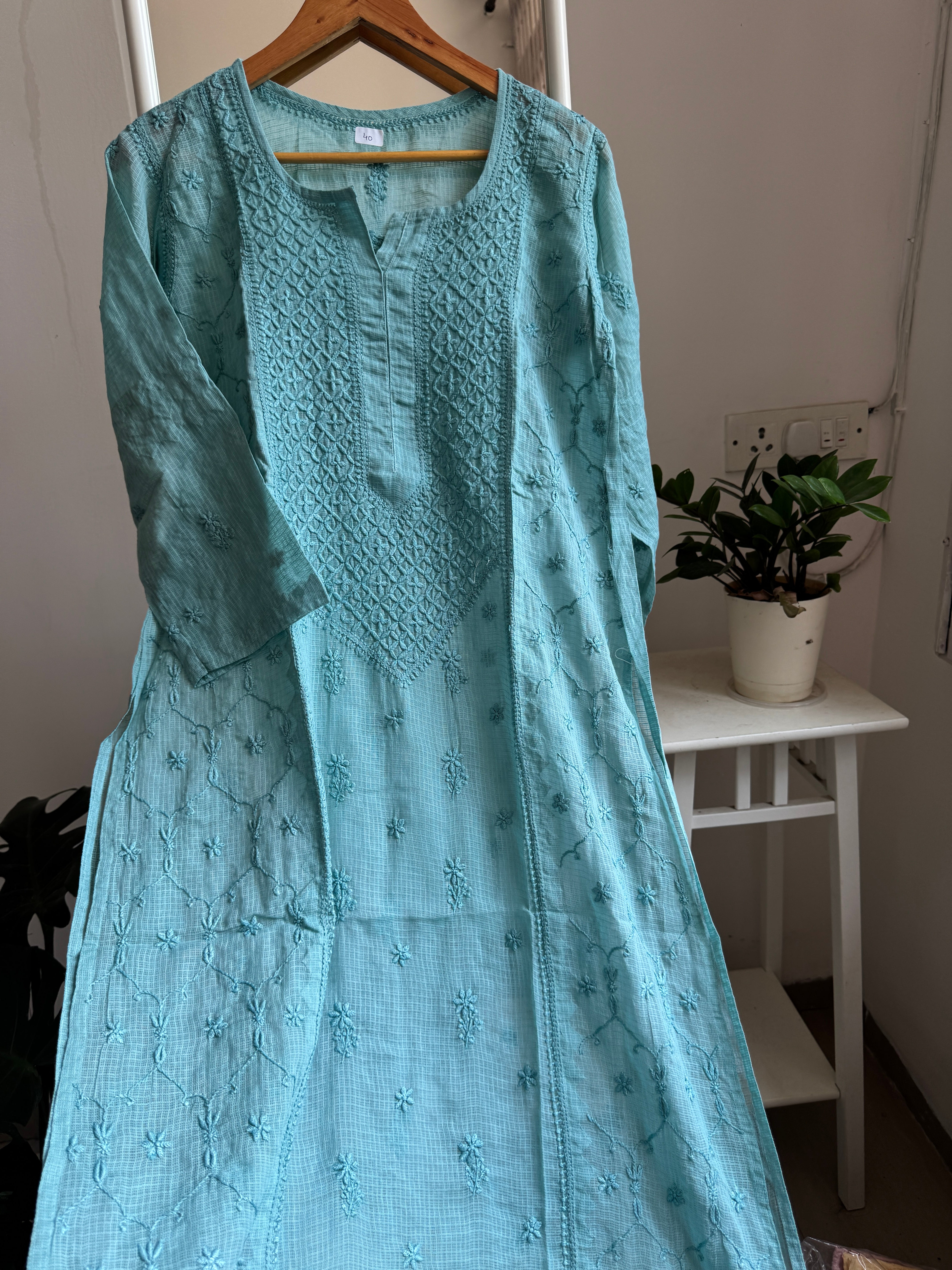 Kota Soft Cotton Chikankari Kurti - Turquoise
