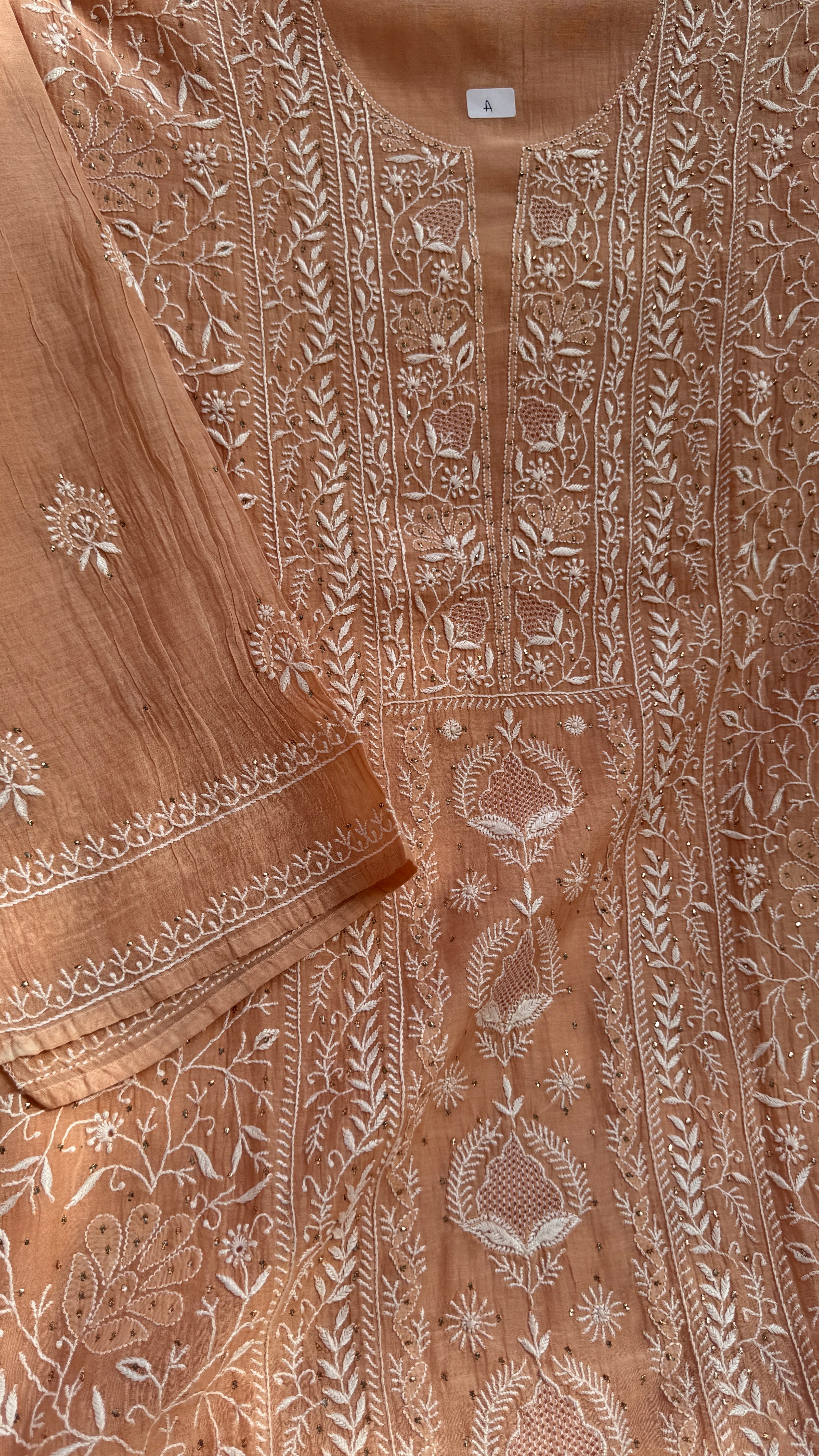 Mul Chanderi Chikankari Unstitched Length with Dupatta with Mukaish Add-On-Peach