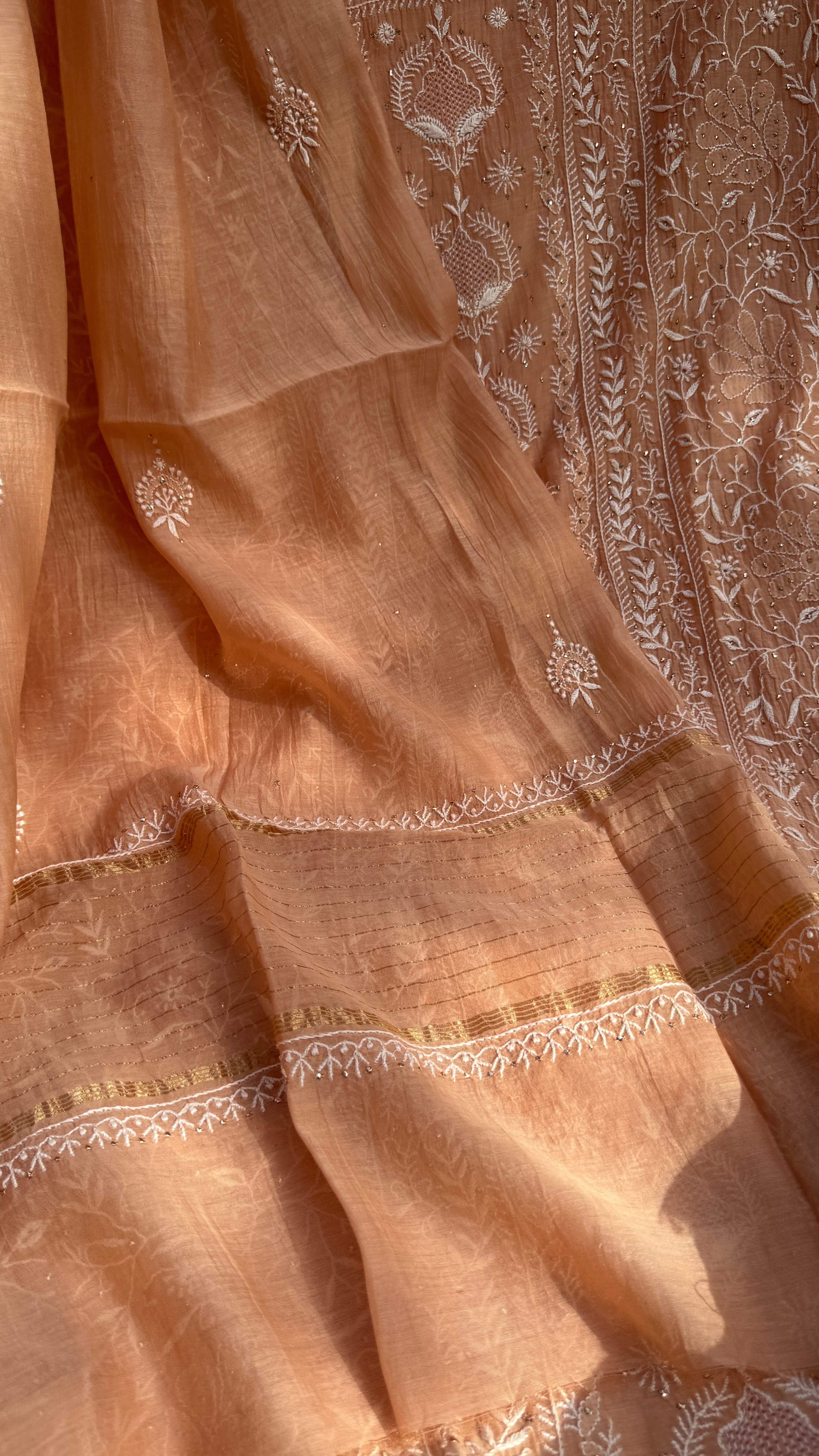 Mul Chanderi Chikankari Unstitched Length with Dupatta with Mukaish Add-On-Peach