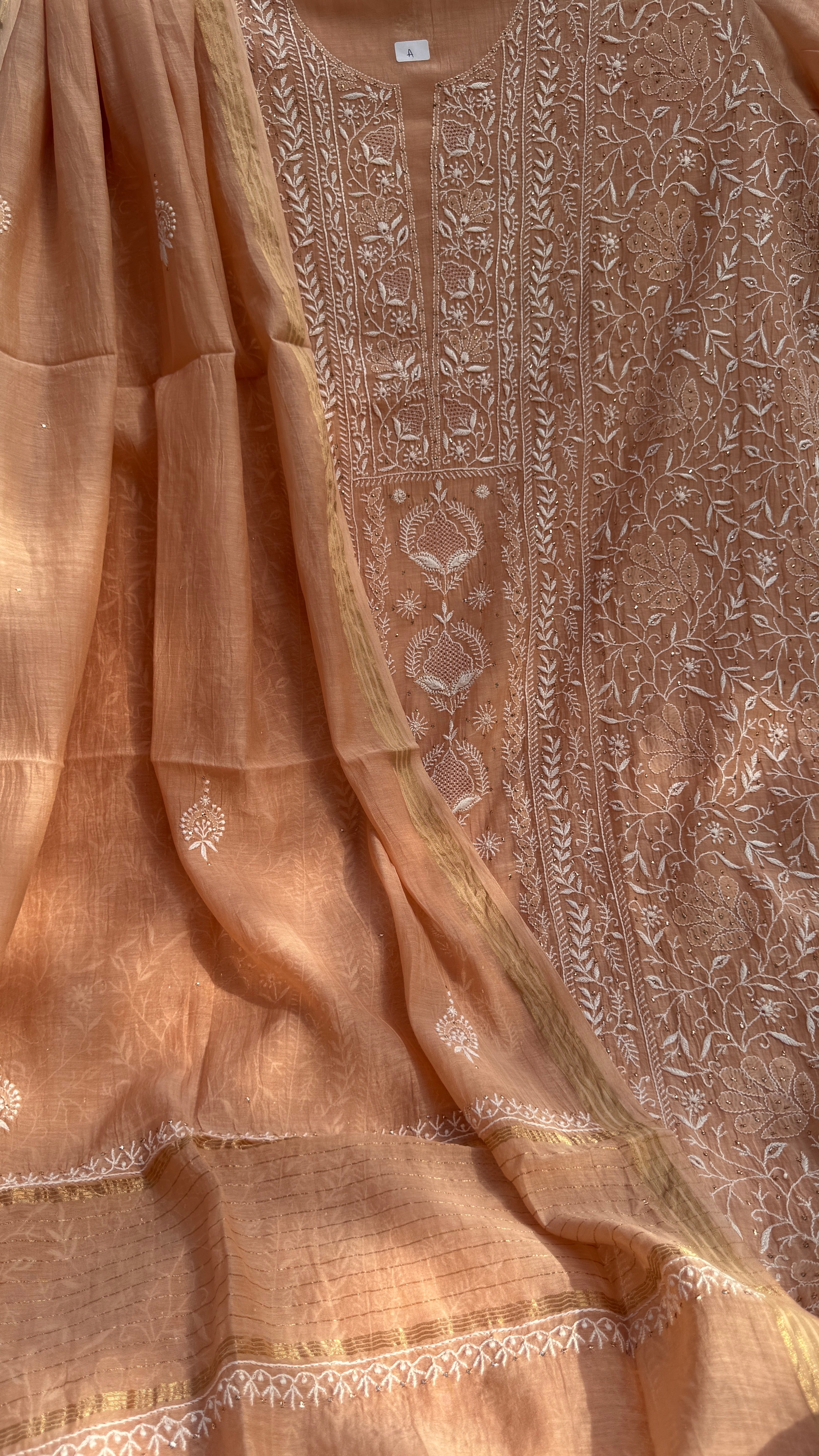 Mul Chanderi Chikankari Unstitched Length with Dupatta with Mukaish Add-On-Peach