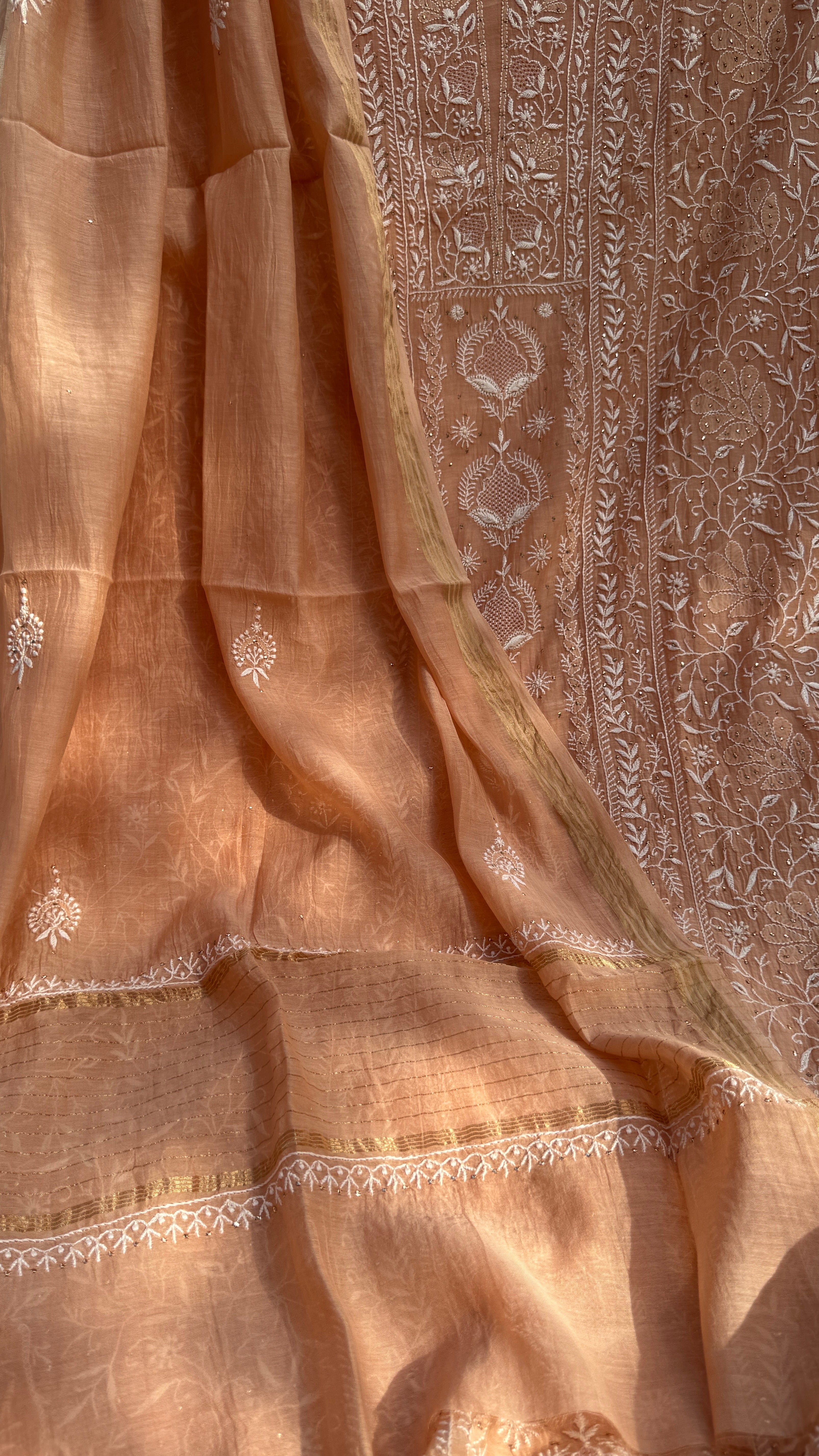 Mul Chanderi Chikankari Unstitched Length with Dupatta with Mukaish Add-On-Peach