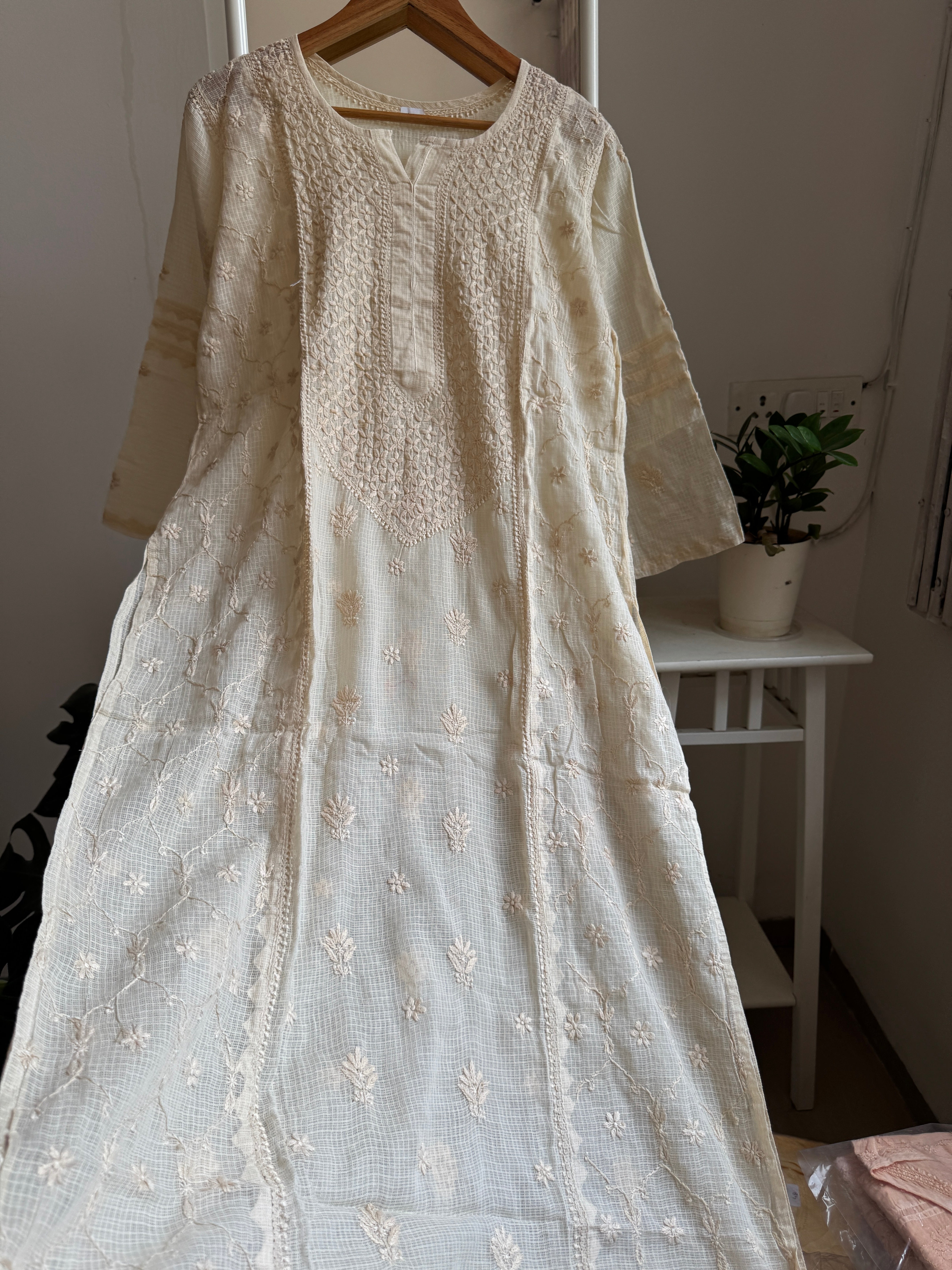 Kota Soft Cotton Chikankari Kurti - Beige