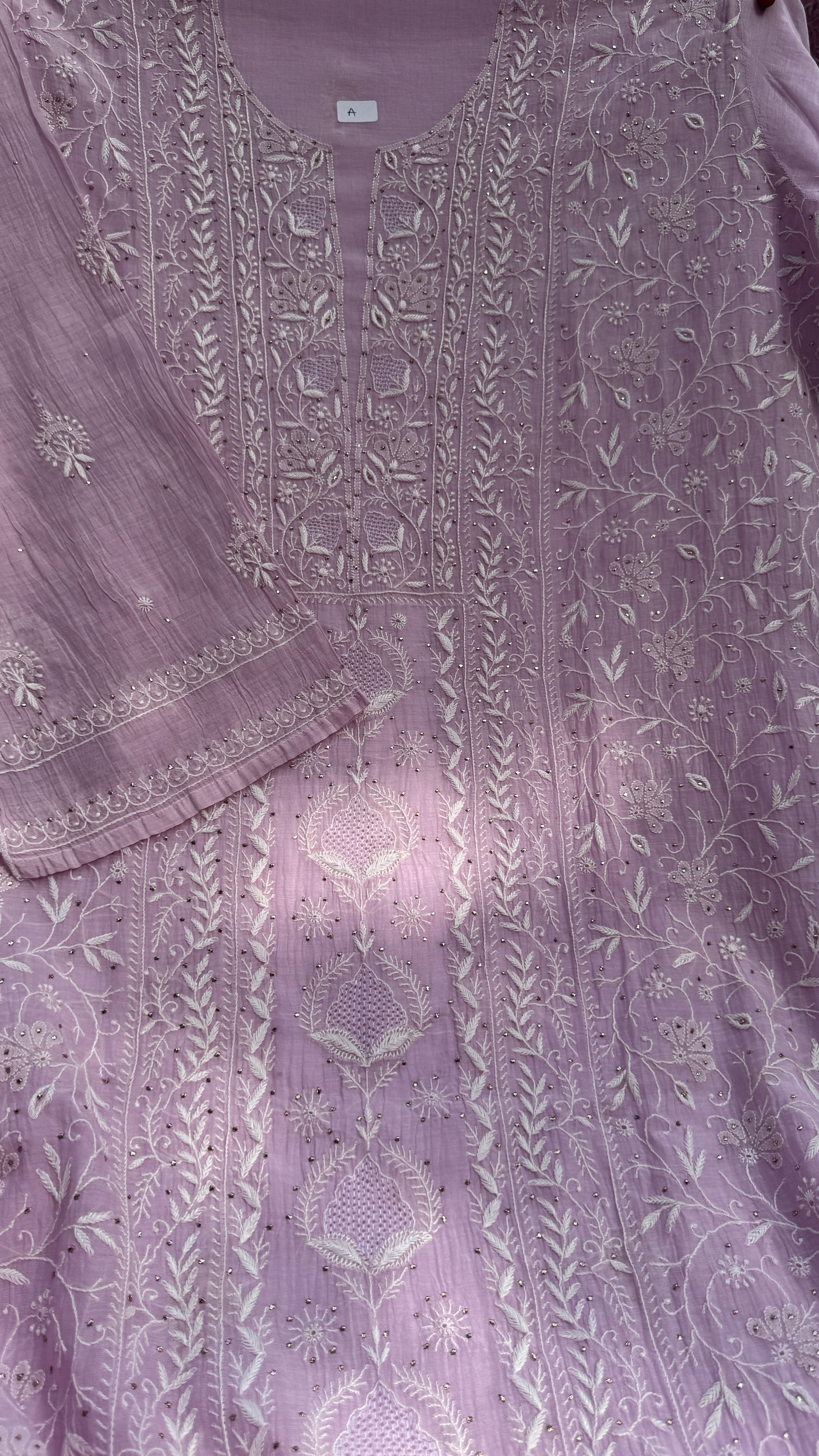Mul Chanderi Chikankari Unstitched Length with Dupatta with Mukaish Add-On - Lilac