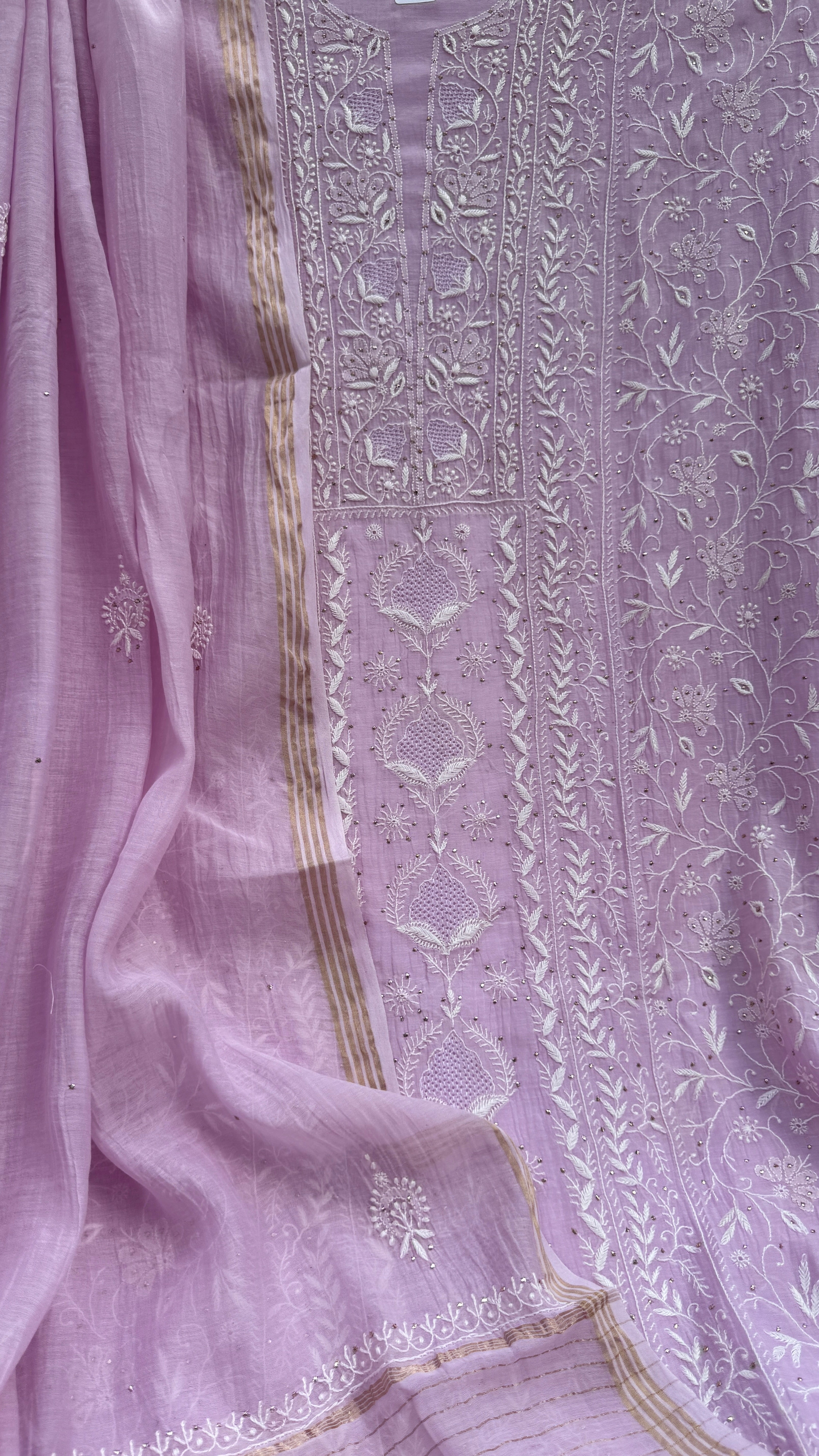 Mul Chanderi Chikankari Unstitched Length with Dupatta with Mukaish Add-On - Lilac
