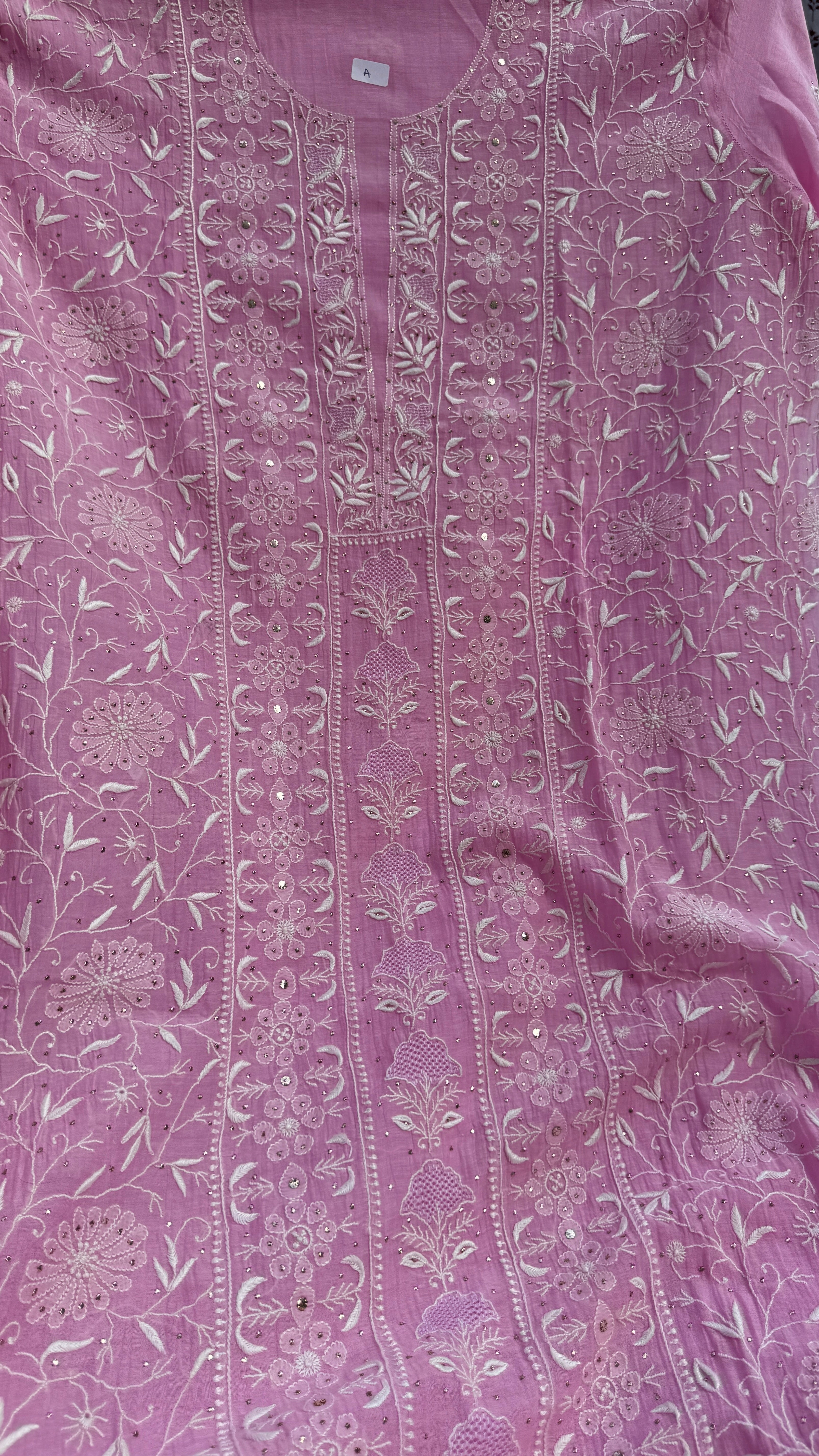 Mul Chanderi Chikankari Unstitched Length with Dupatta with Mukaish Add-On - Pink