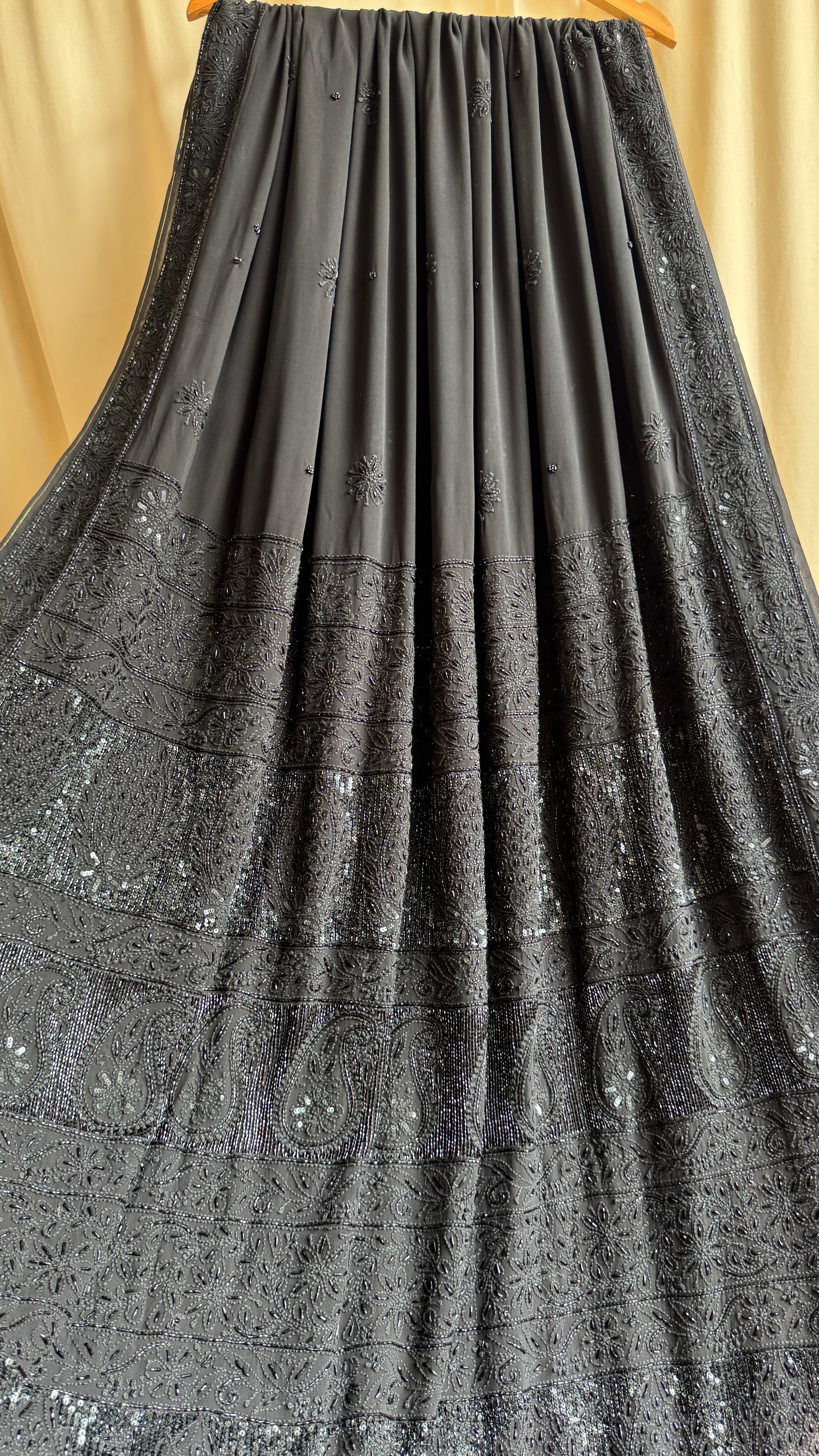 Viscose Black Chikankari saree with Pearl embellishments