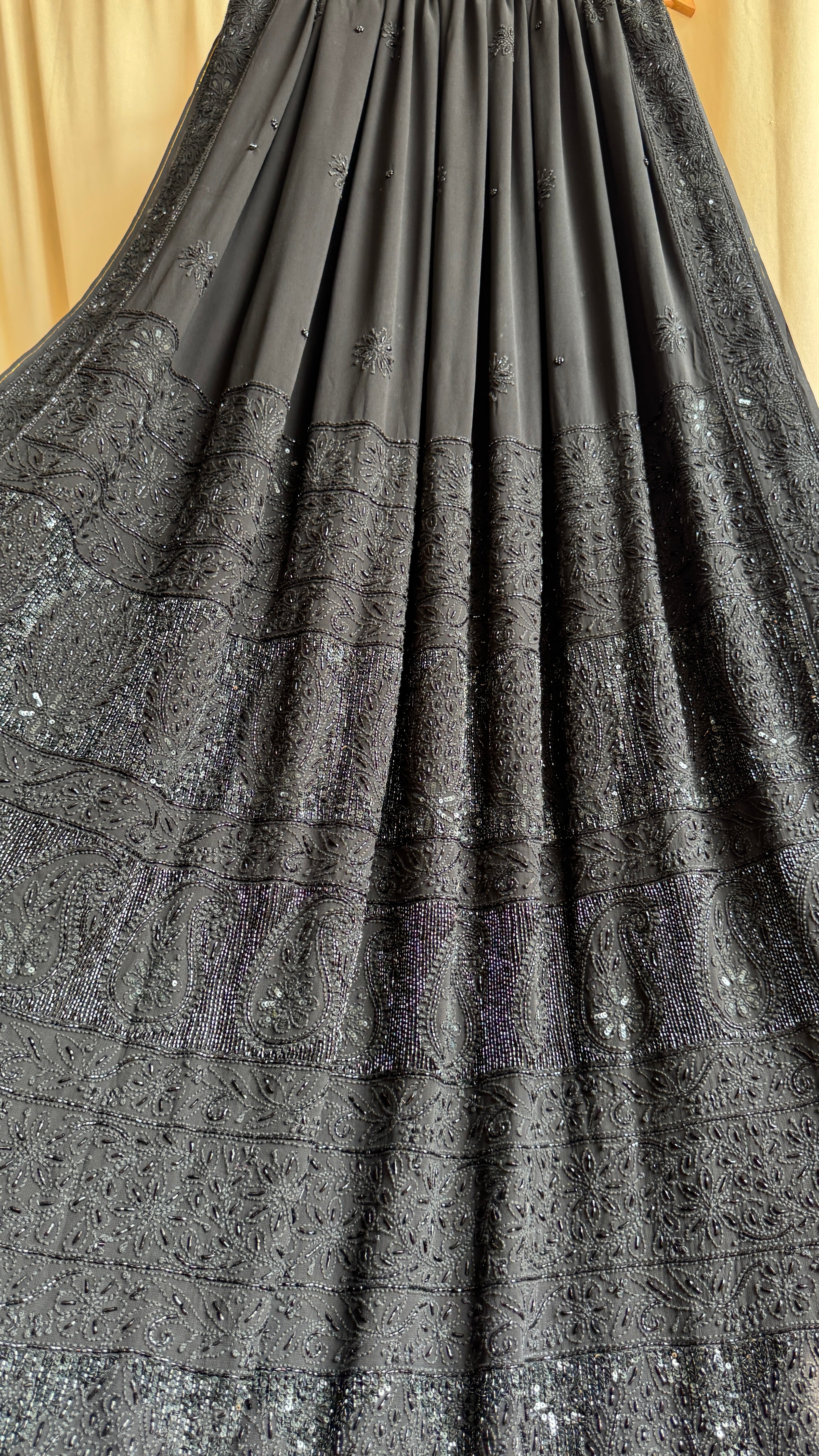 Viscose Black Chikankari saree with Pearl embellishments