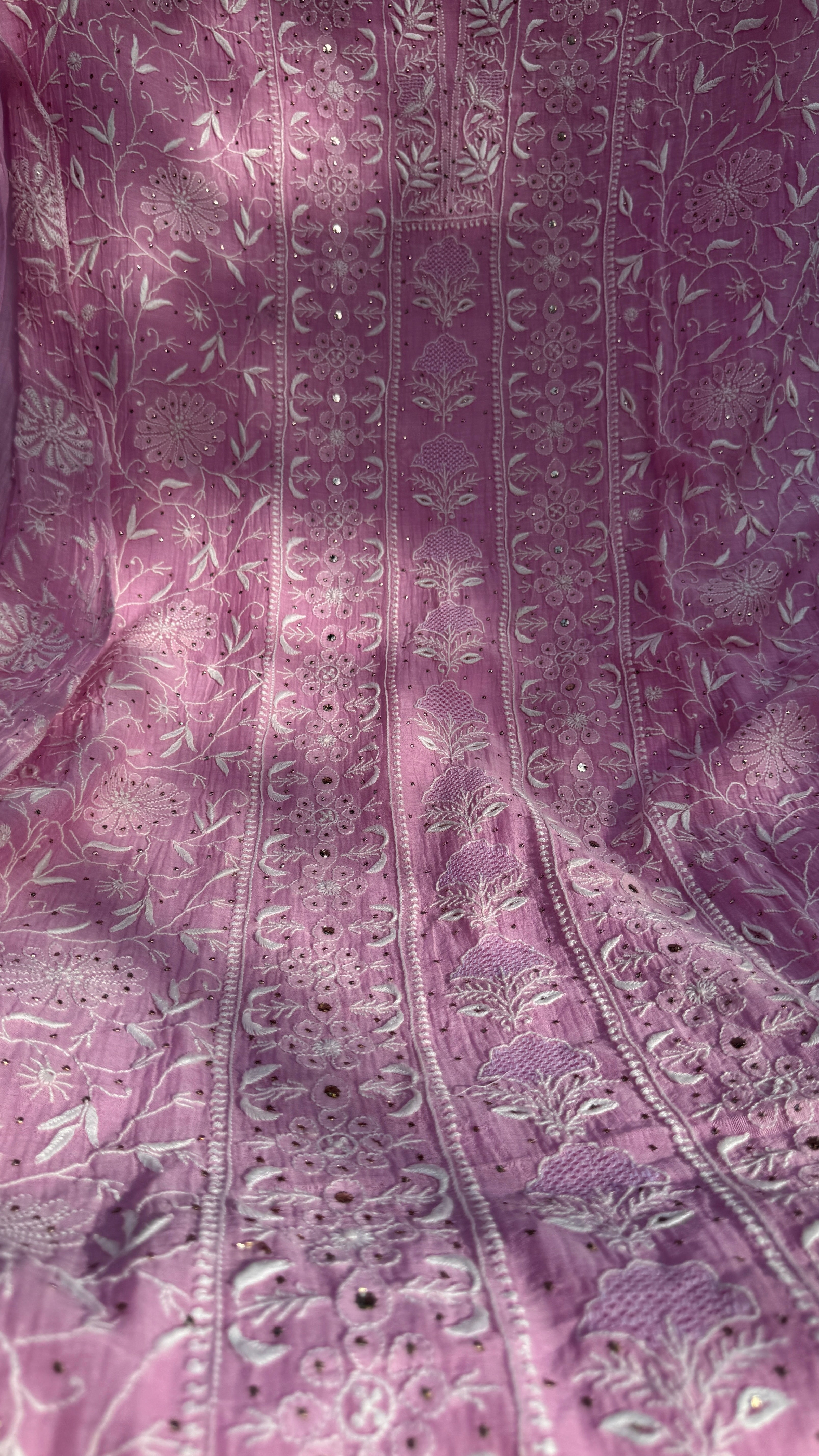 Mul Chanderi Chikankari Unstitched Length with Dupatta with Mukaish Add-On - Pink