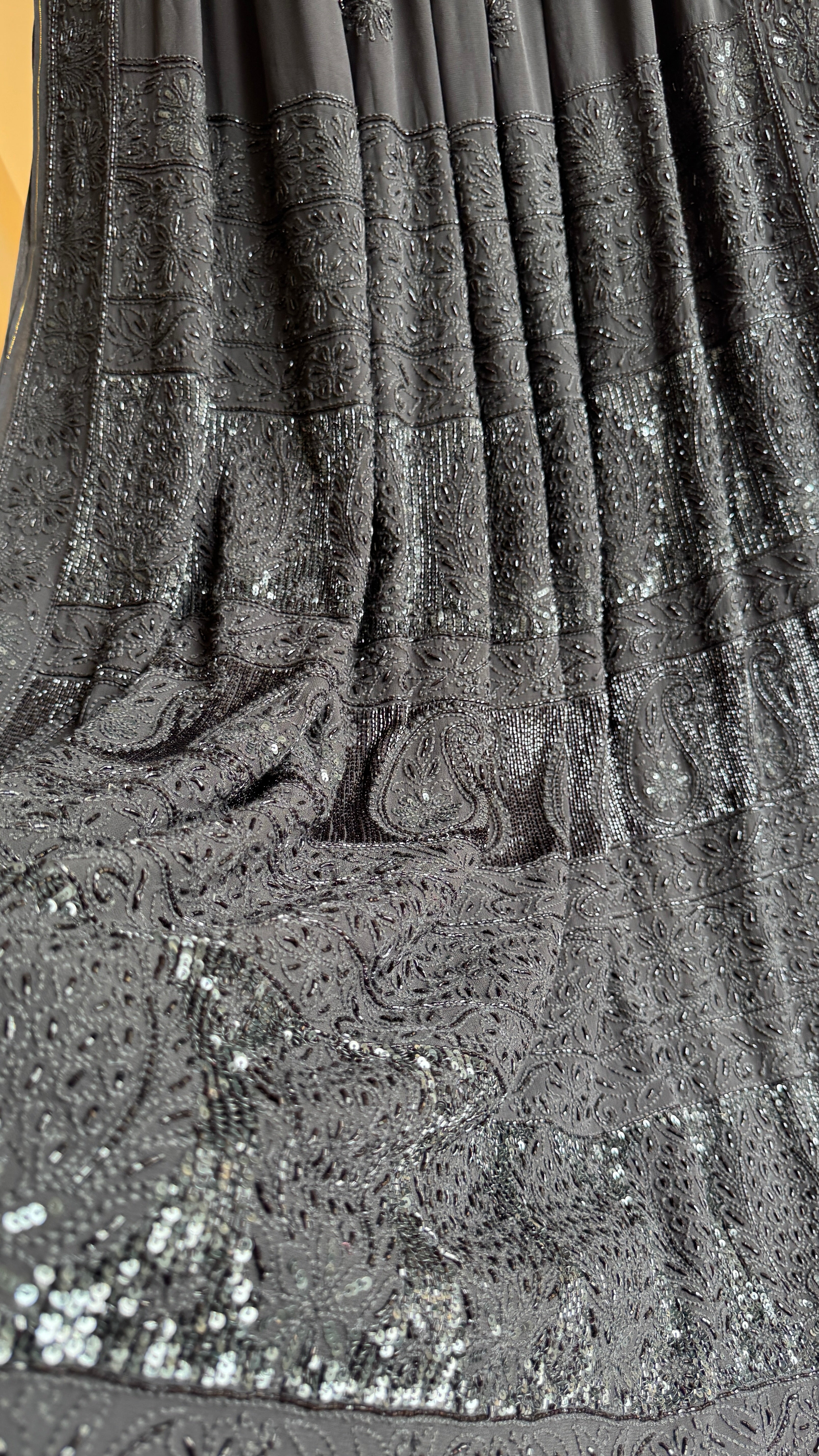 Viscose Black Chikankari saree with Pearl embellishments