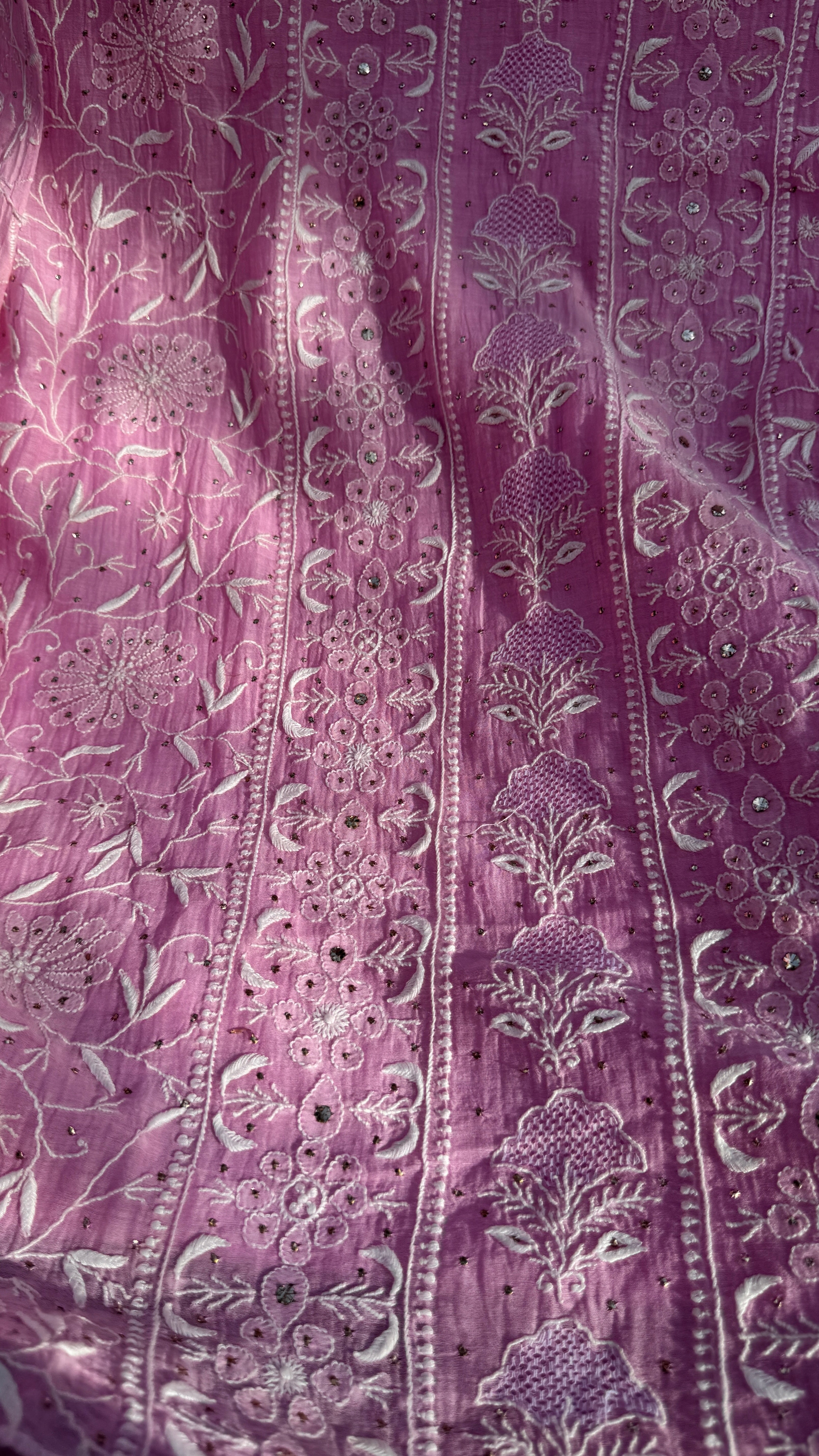 Mul Chanderi Chikankari Unstitched Length with Dupatta with Mukaish Add-On - Pink