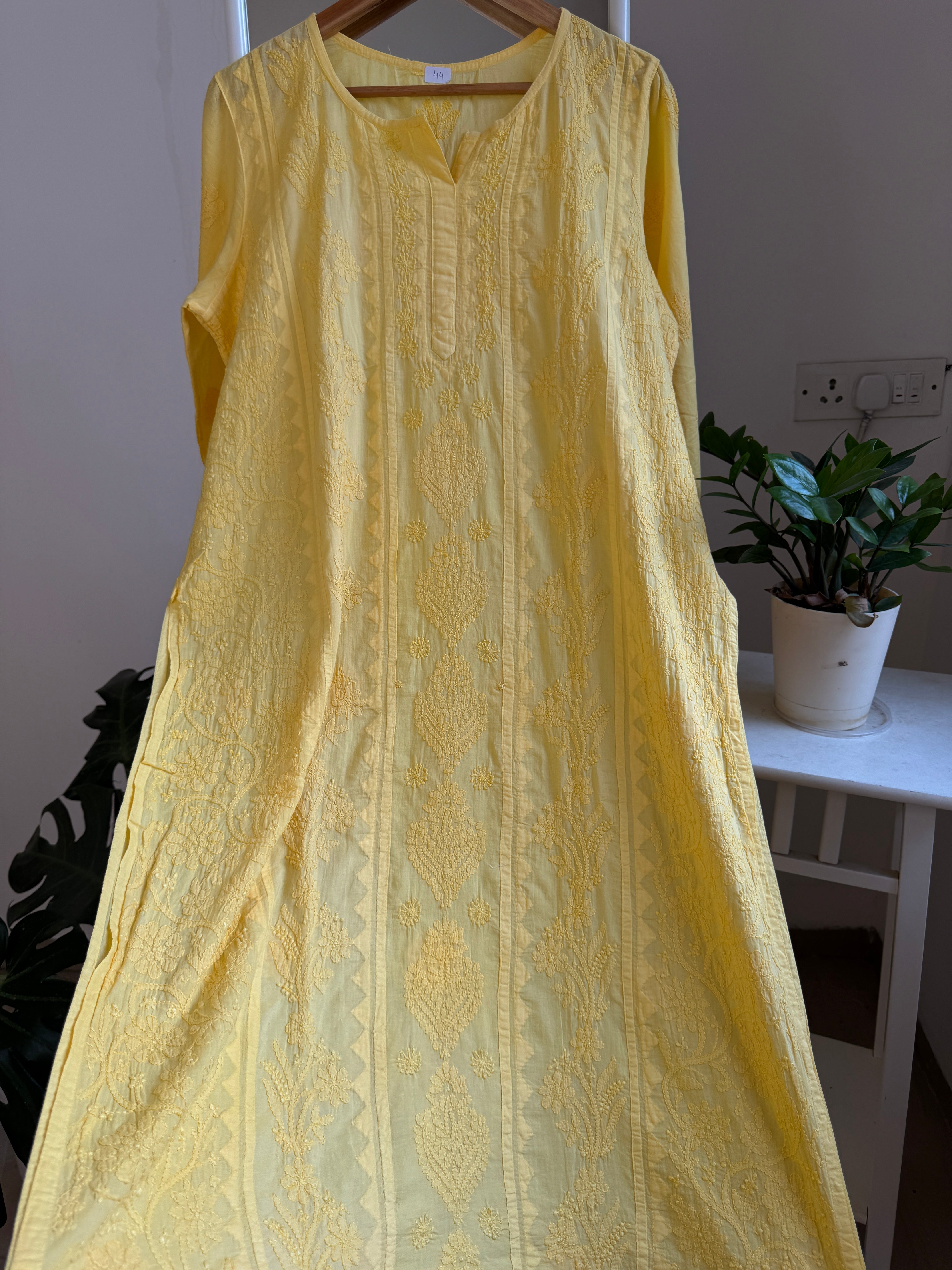 Mul Cotton Yellow Chikankari Kurti - Bela Collection