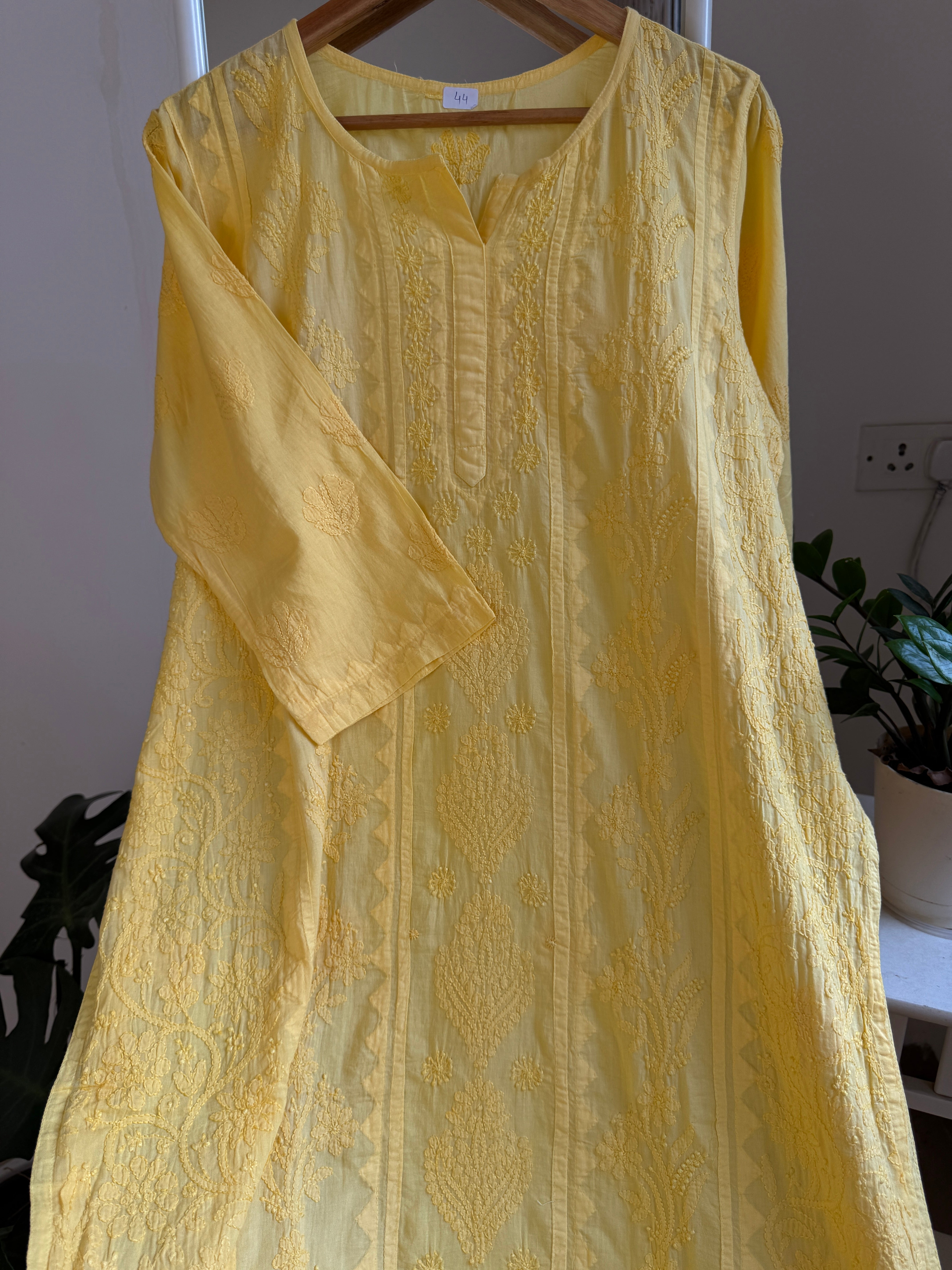 Mul Cotton Yellow Chikankari Kurti - Bela Collection