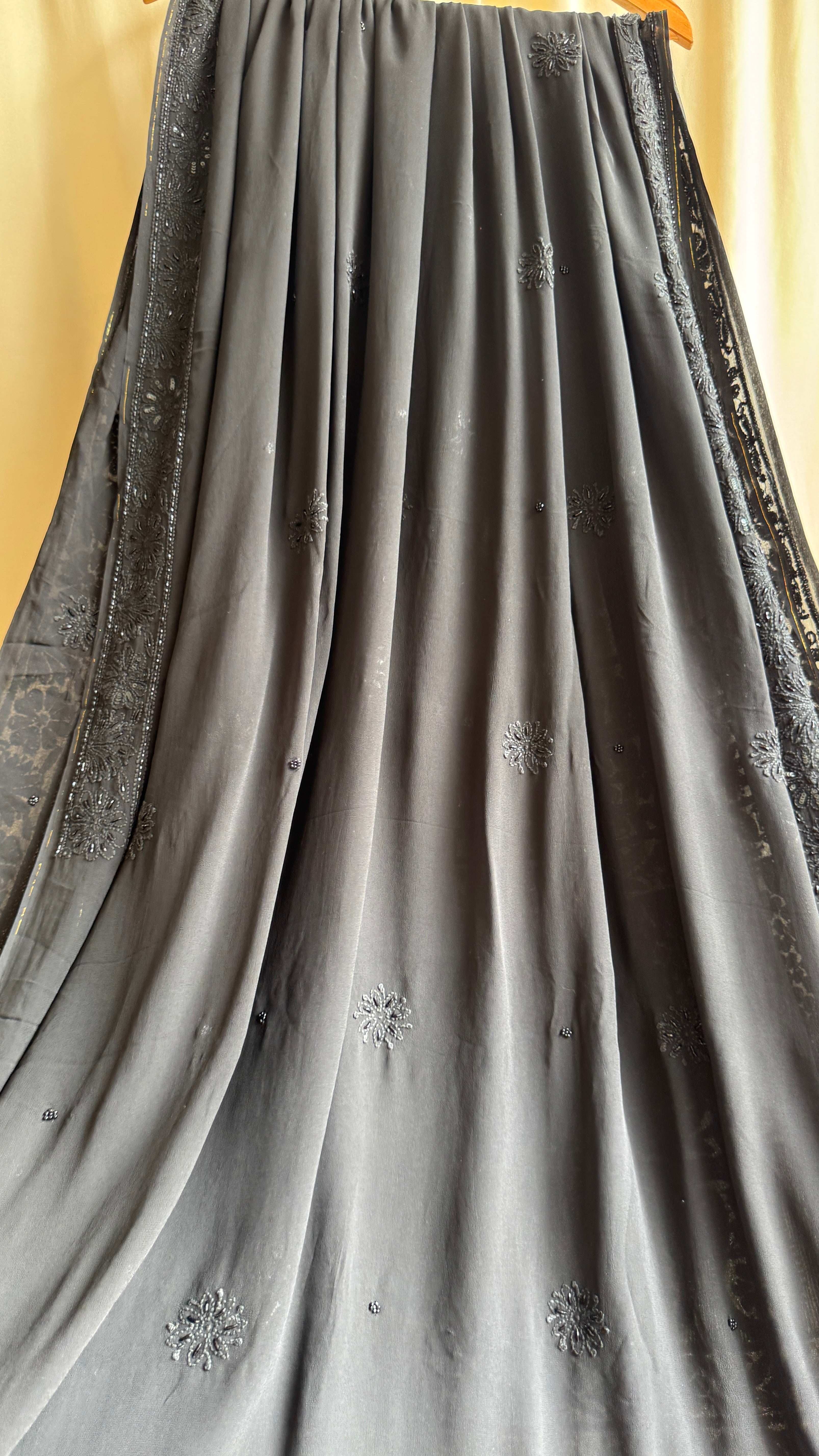 Viscose Black Chikankari saree with Pearl embellishments