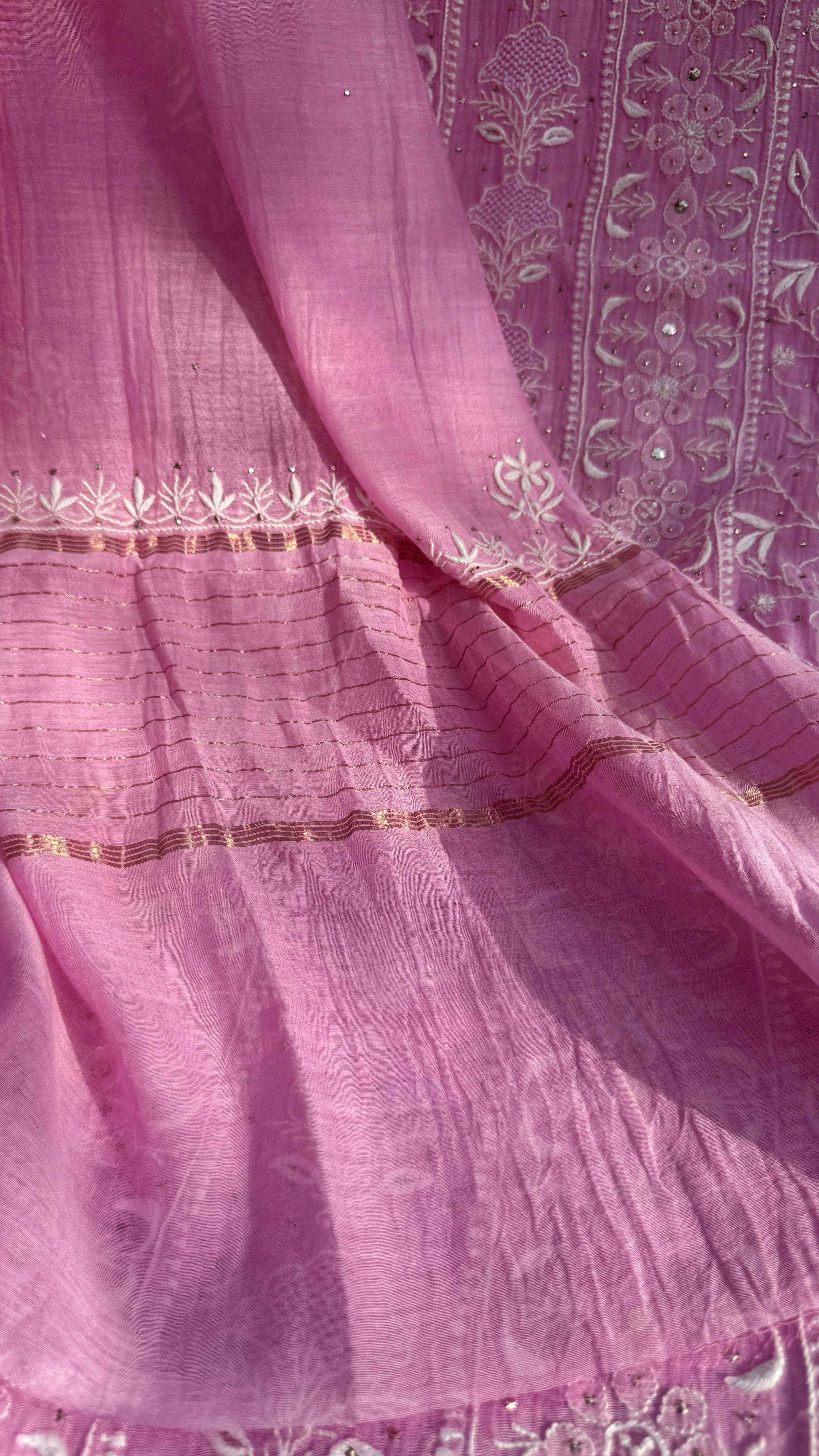 Mul Chanderi Chikankari Unstitched Length with Dupatta with Mukaish Add-On - Pink