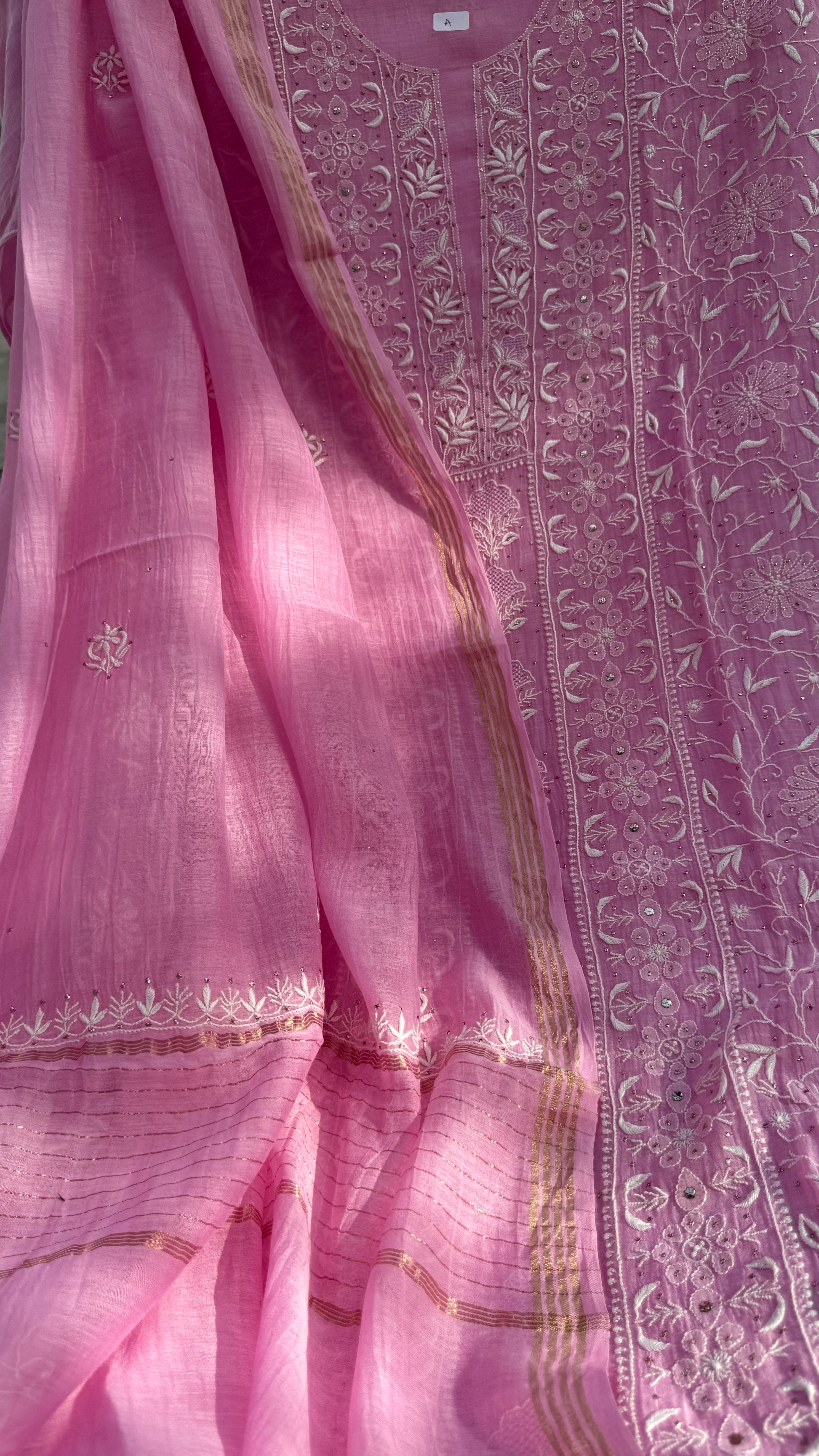 Mul Chanderi Chikankari Unstitched Length with Dupatta with Mukaish Add-On - Pink