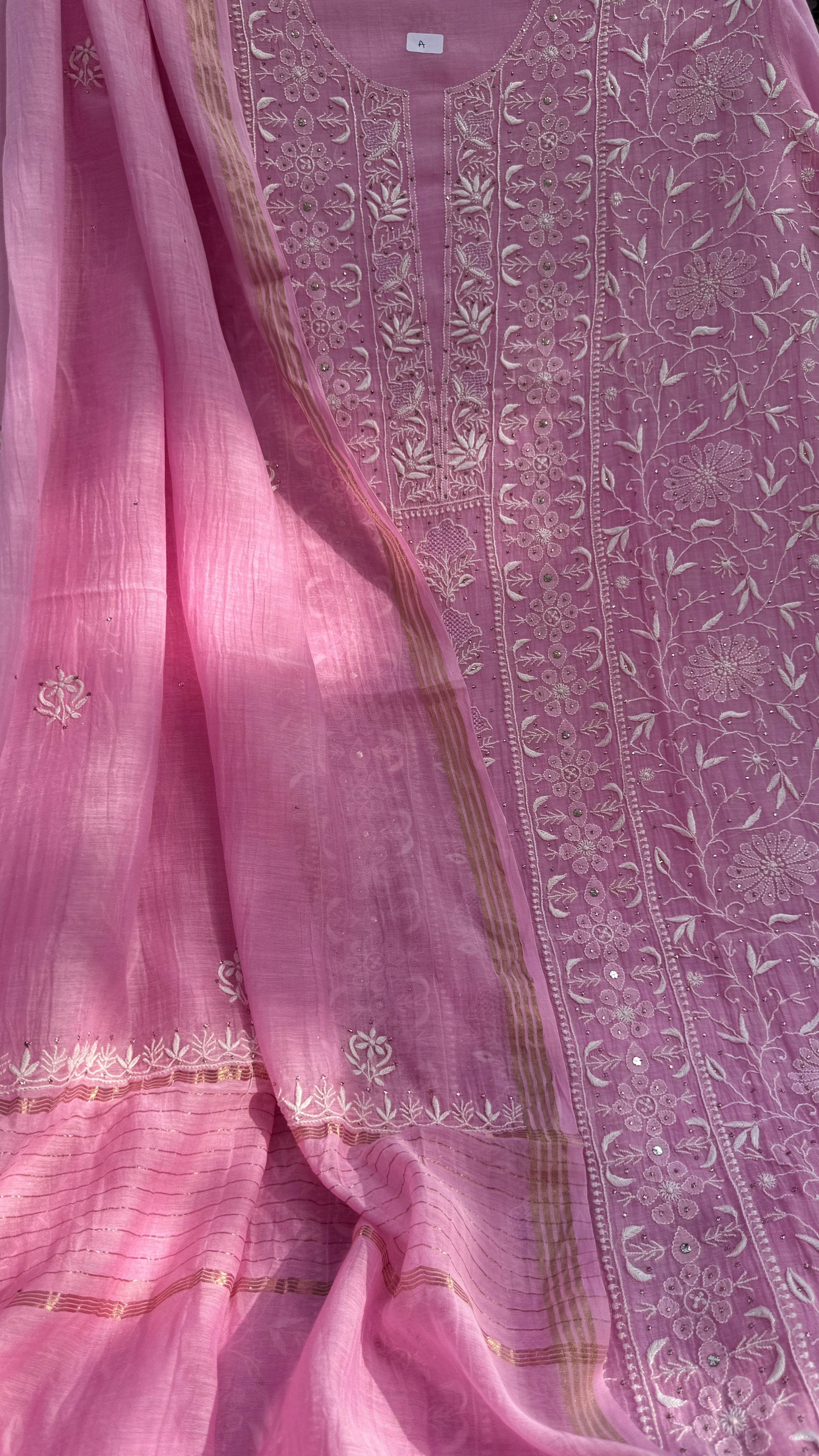 Mul Chanderi Chikankari Unstitched Length with Dupatta with Mukaish Add-On - Pink