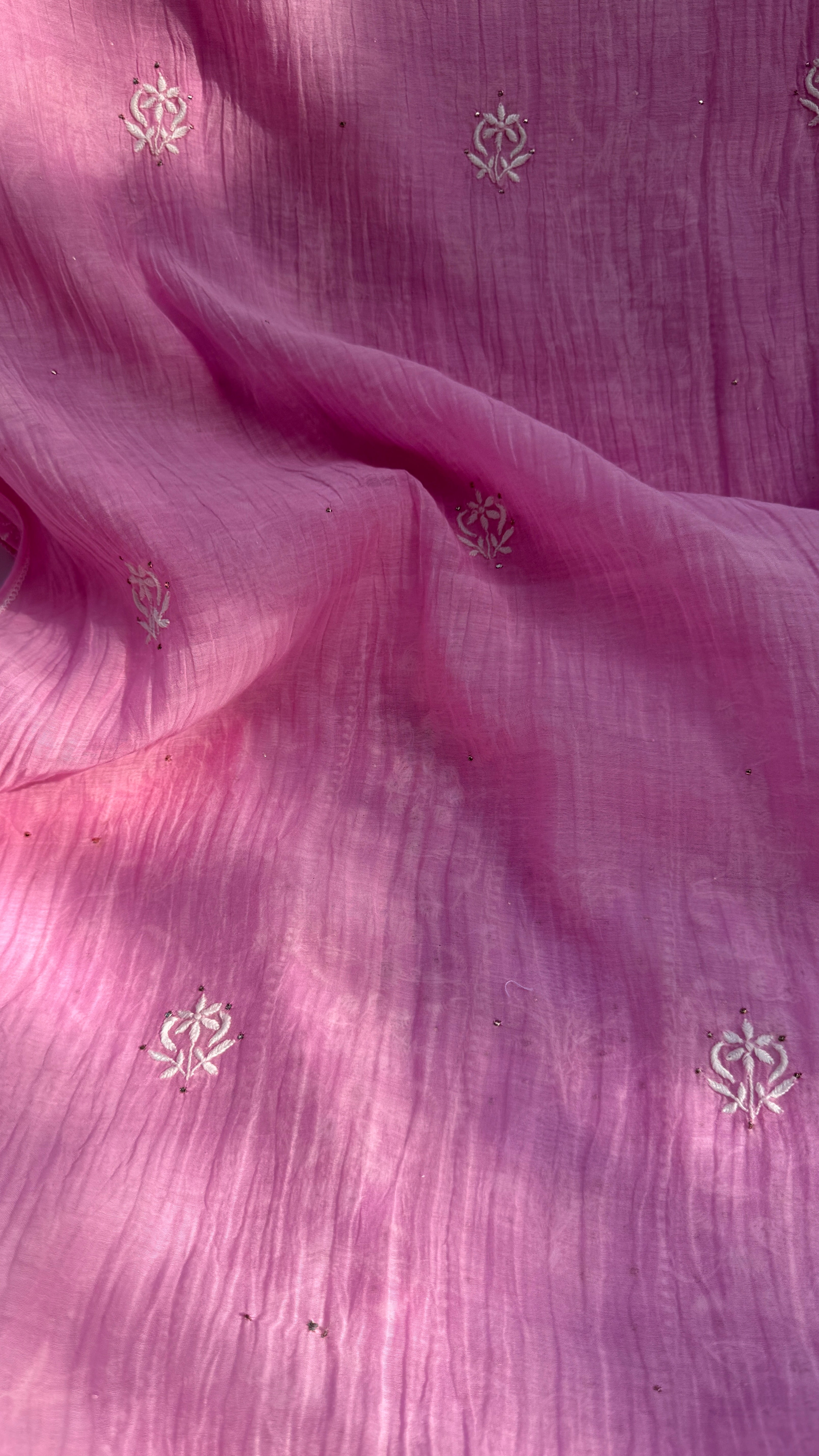 Mul Chanderi Chikankari Unstitched Length with Dupatta with Mukaish Add-On - Pink