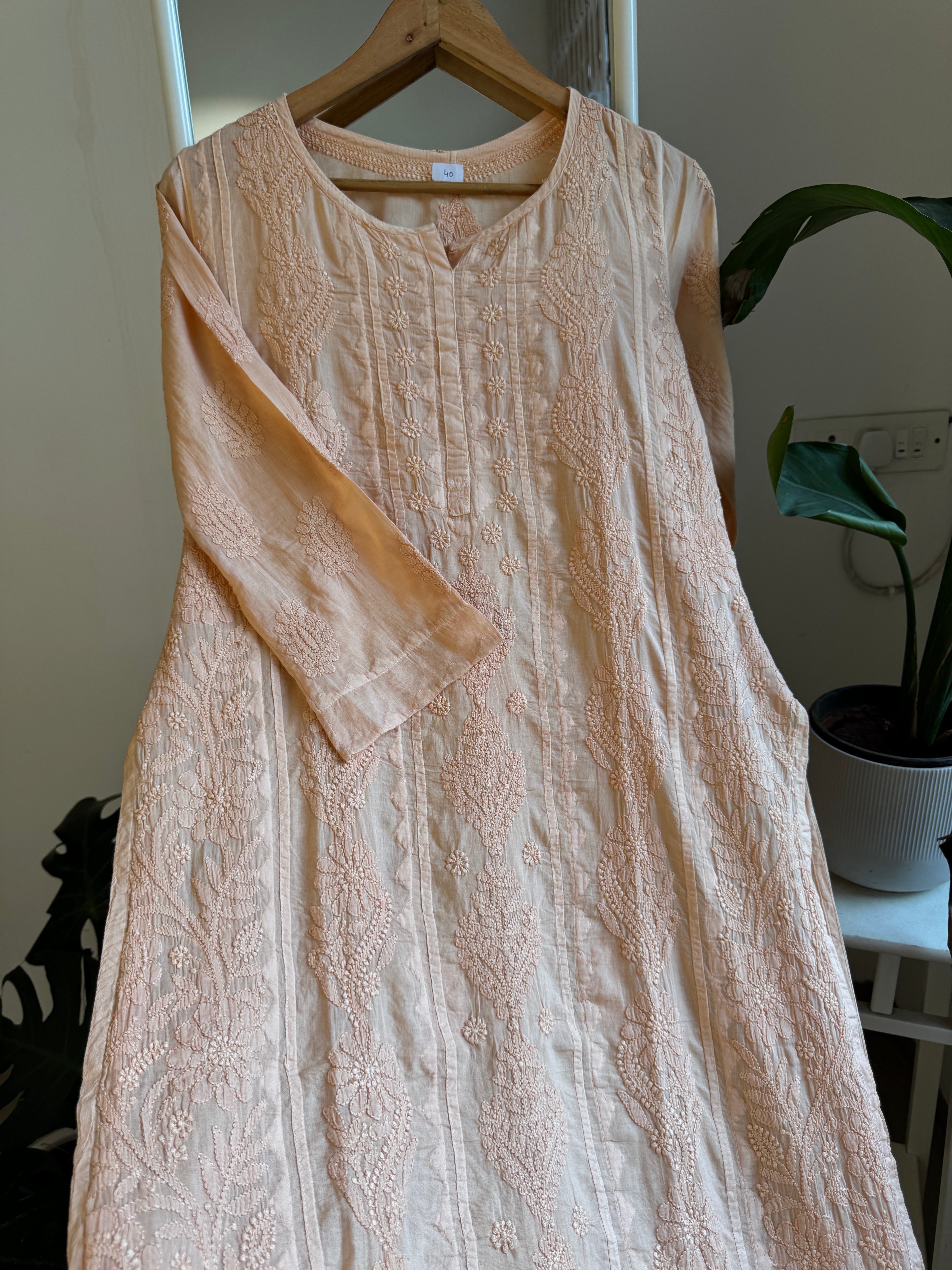 Mul Cotton Peach Chikankari Kurti - Bela Collection ARIAA CHIKANKARI 