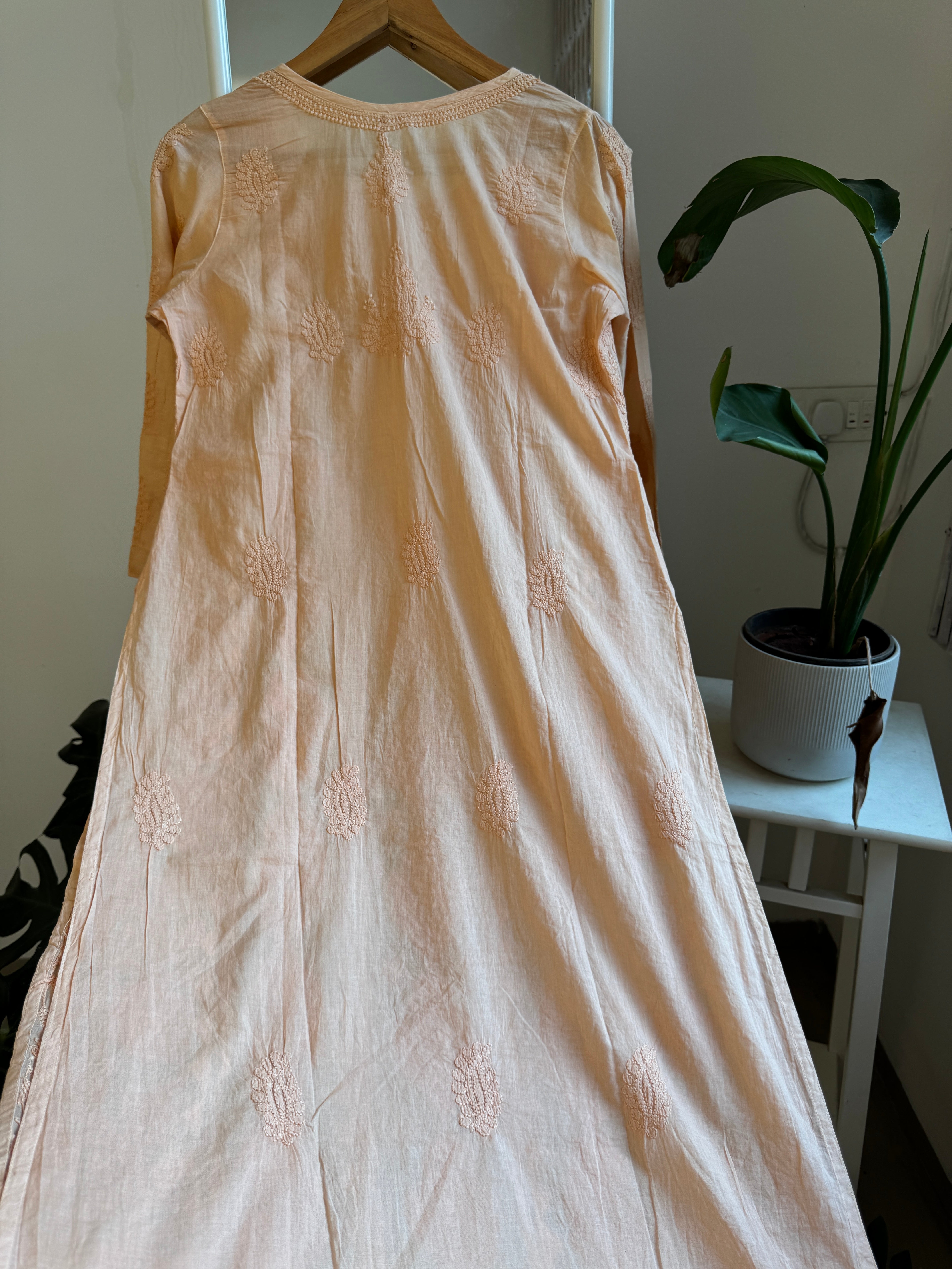 Mul Cotton Peach Chikankari Kurti - Bela Collection ARIAA CHIKANKARI 