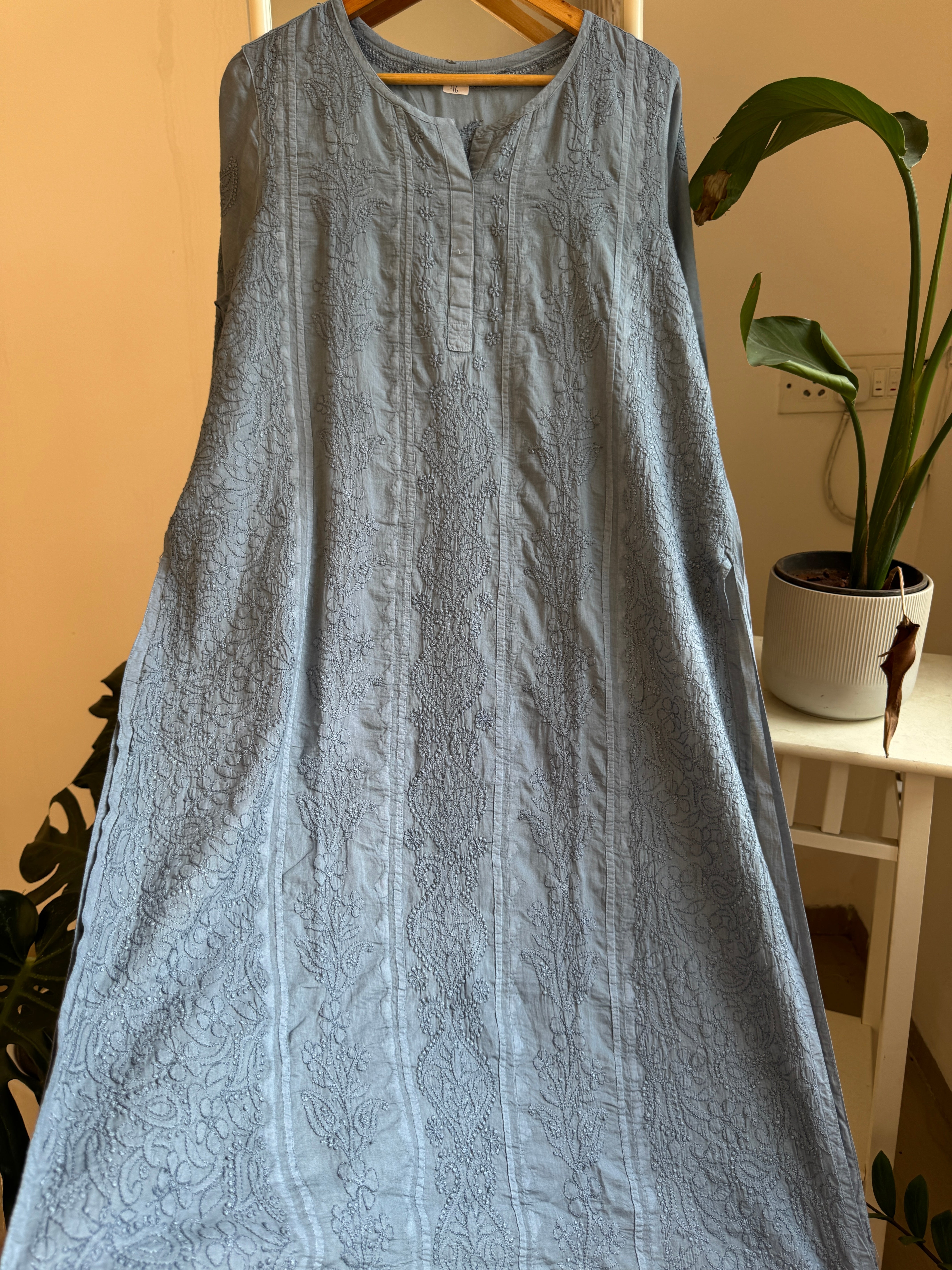 Mul Cotton Grey Chikankari Kurti - Bela Collection