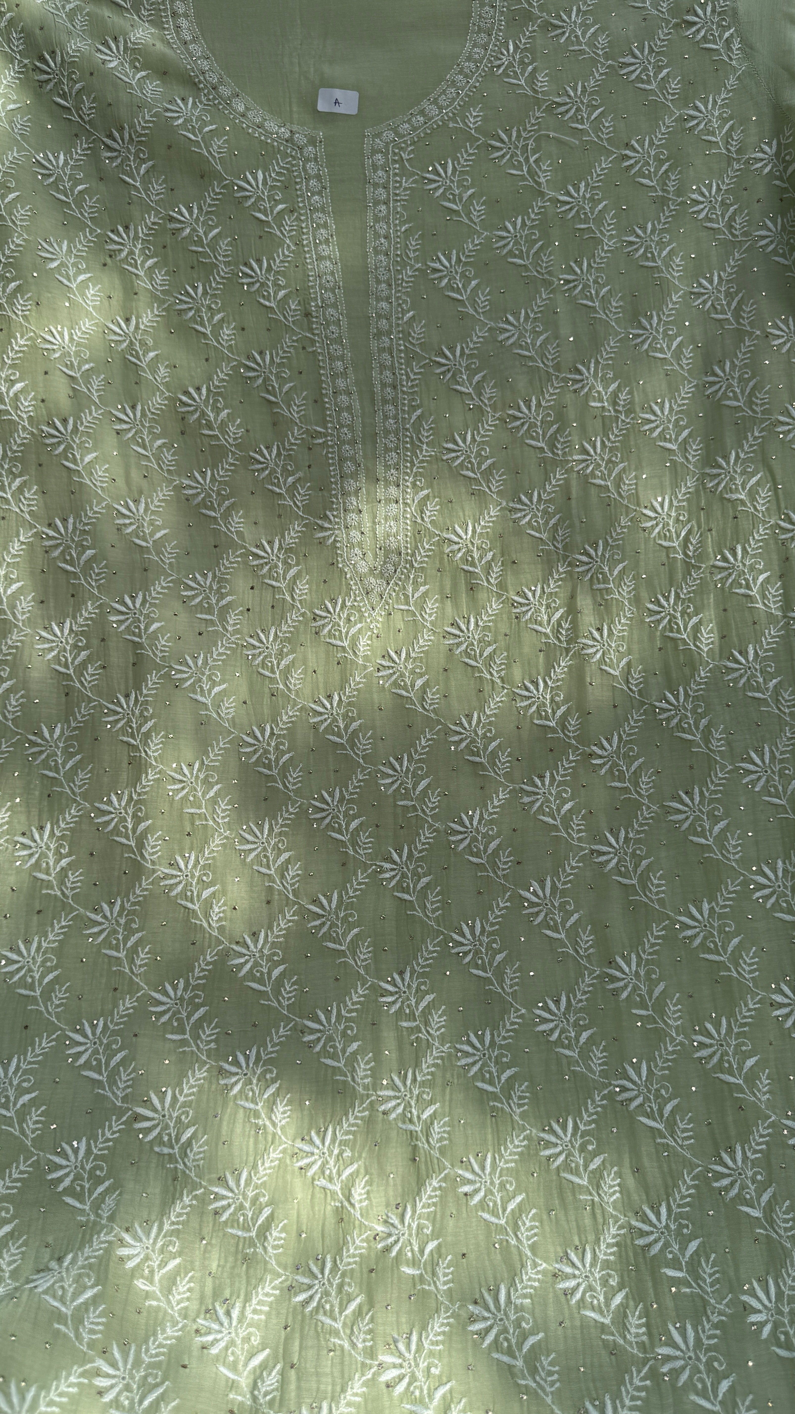 Mul Chanderi Chikankari Unstitched Length with Dupatta with Mukaish Add-On - Leaf Green