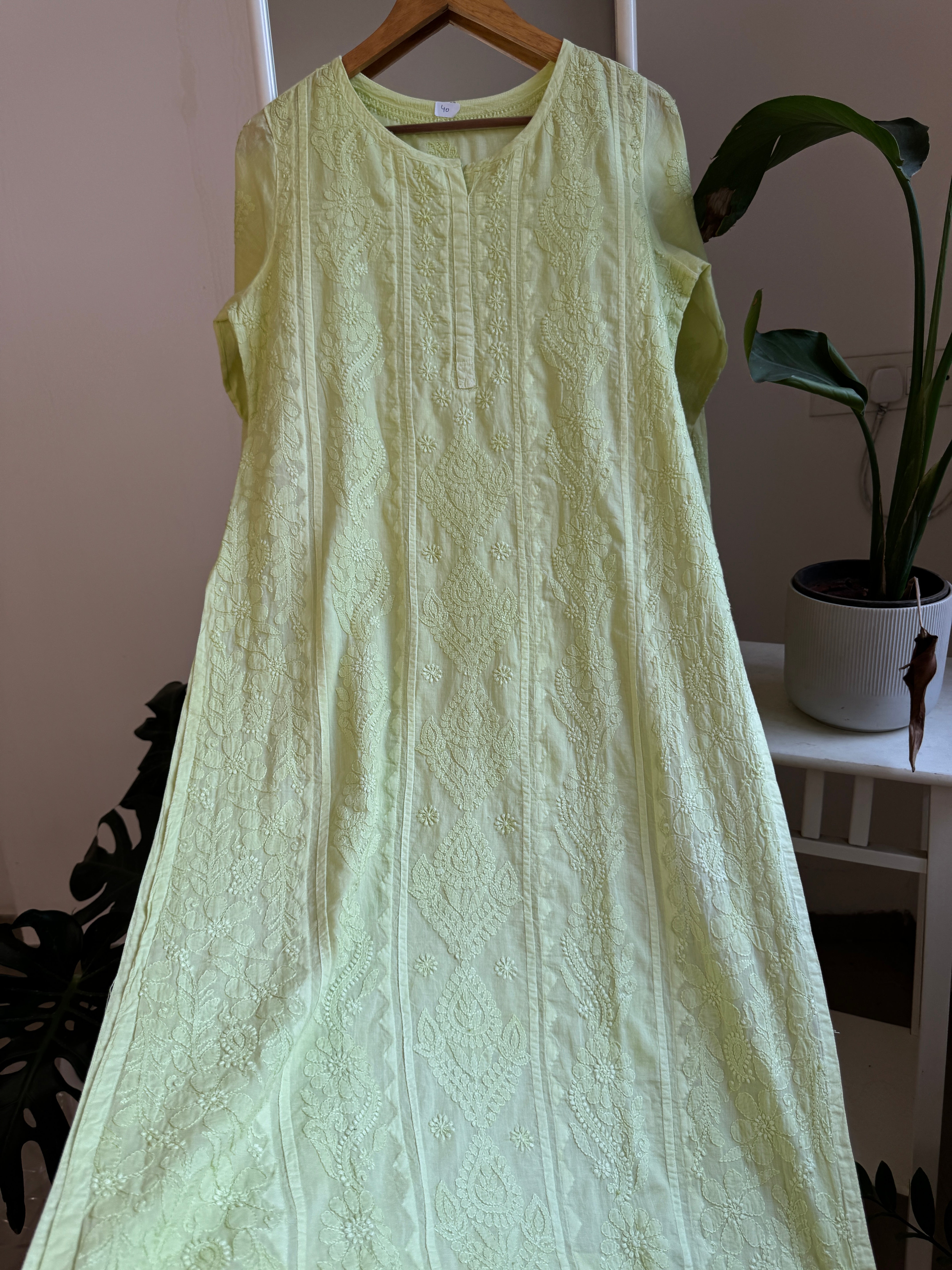 Mul Cotton Apple Green Chikankari Kurti - Bela Collection