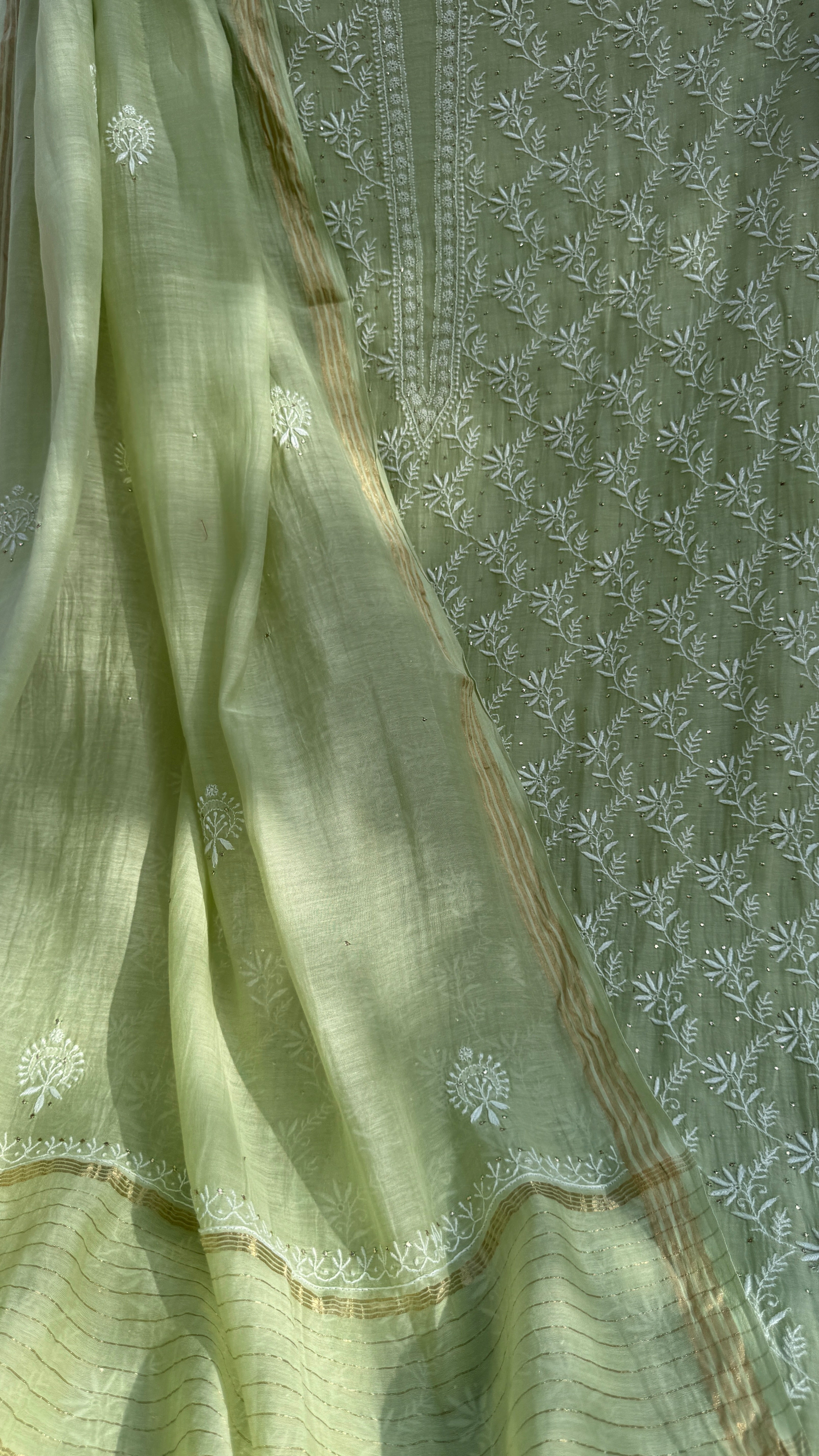 Mul Chanderi Chikankari Unstitched Length with Dupatta with Mukaish Add-On - Leaf Green