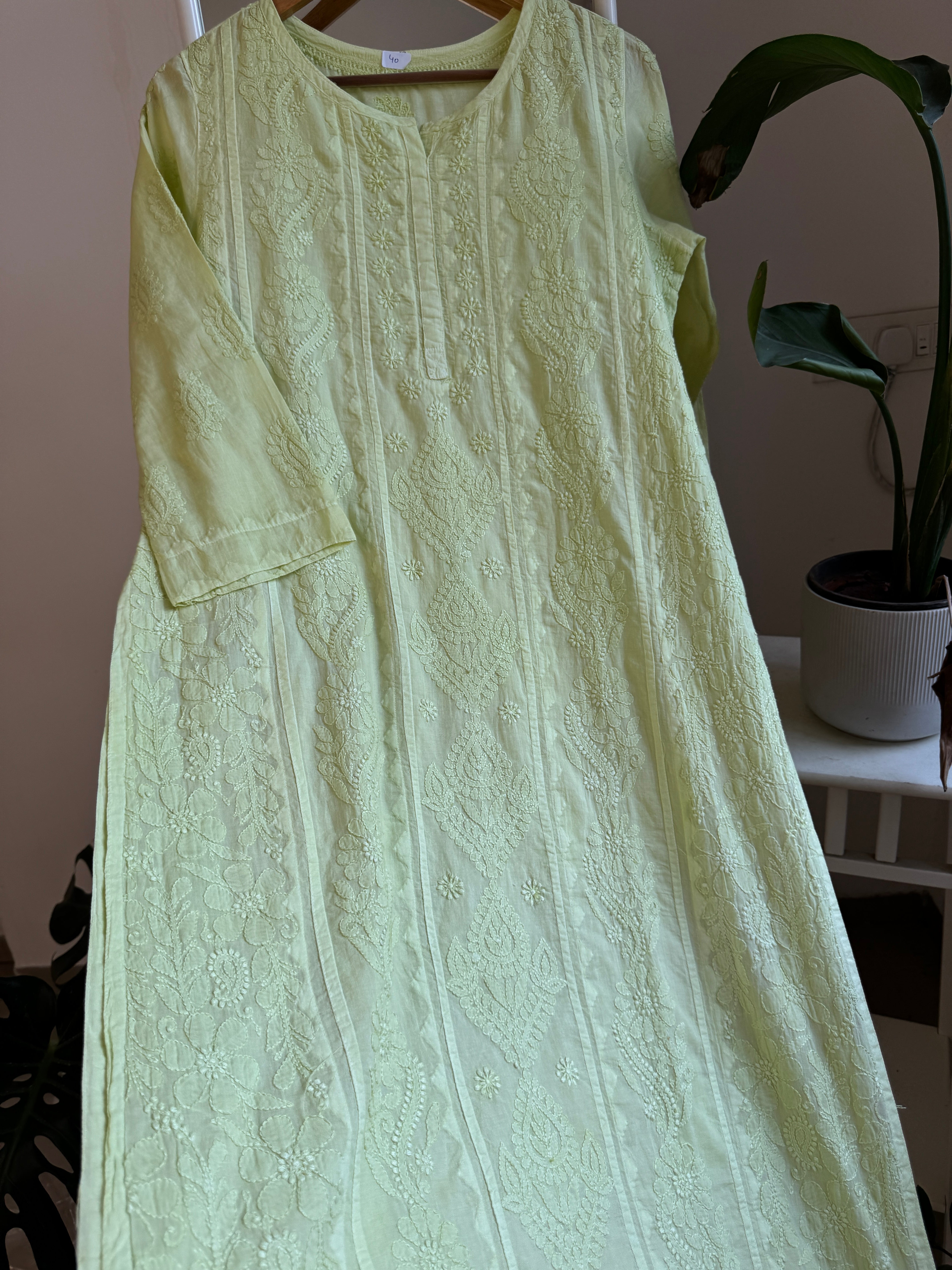 Mul Cotton Apple Green Chikankari Kurti - Bela Collection