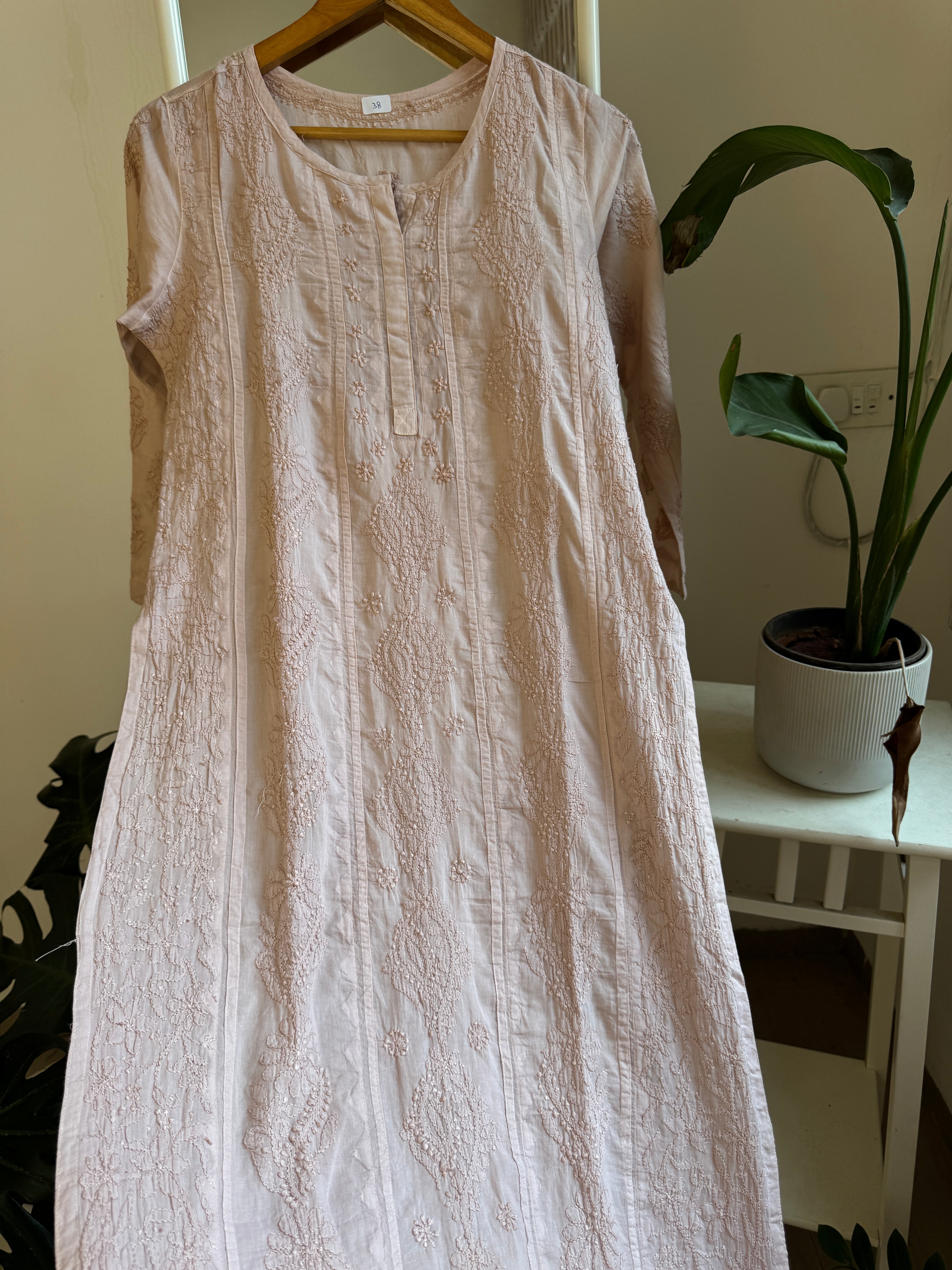 Mul Cotton Nude Pink Chikankari Kurti - Bela Collection