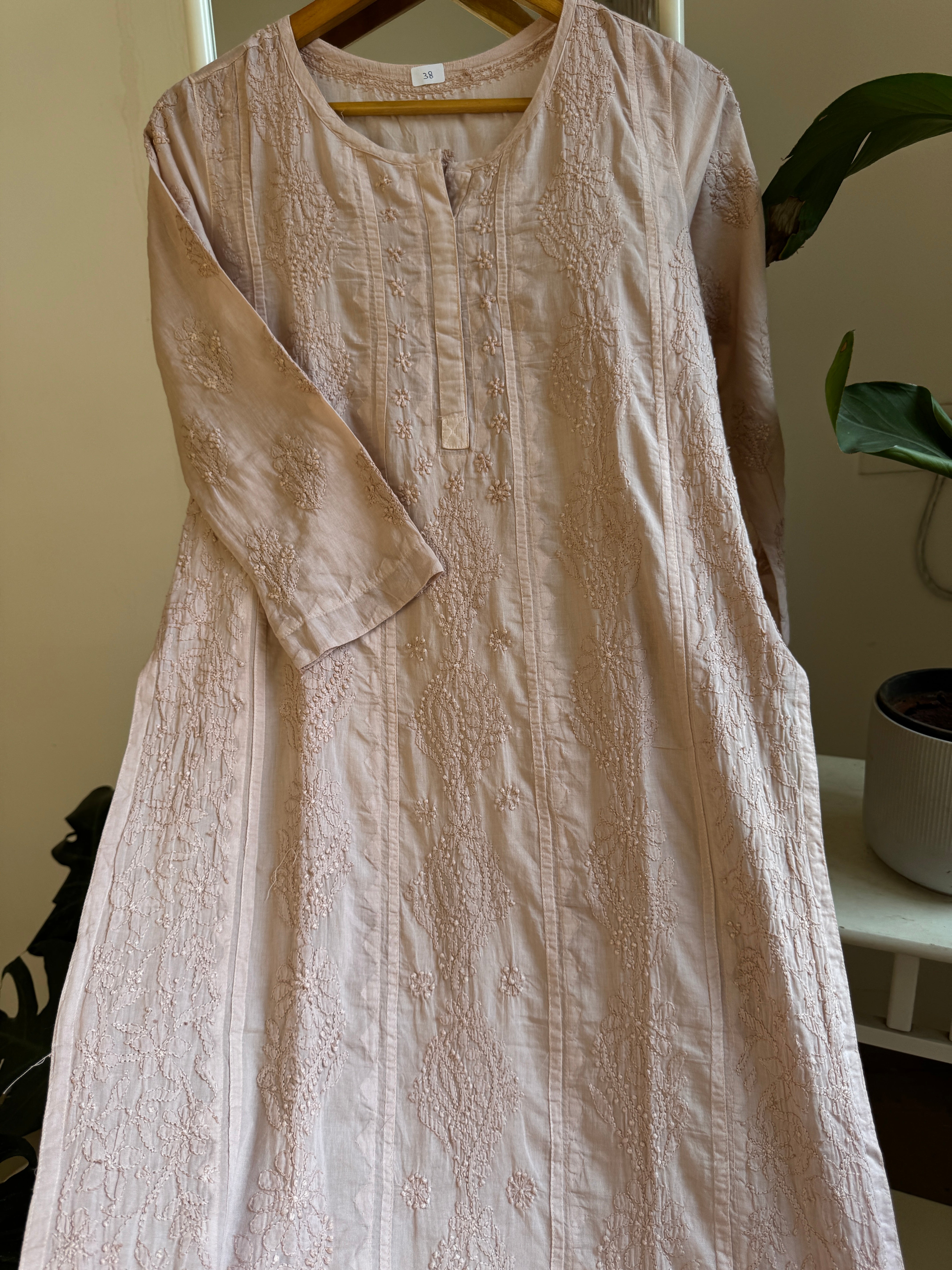 Mul Cotton Nude Pink Chikankari Kurti - Bela Collection