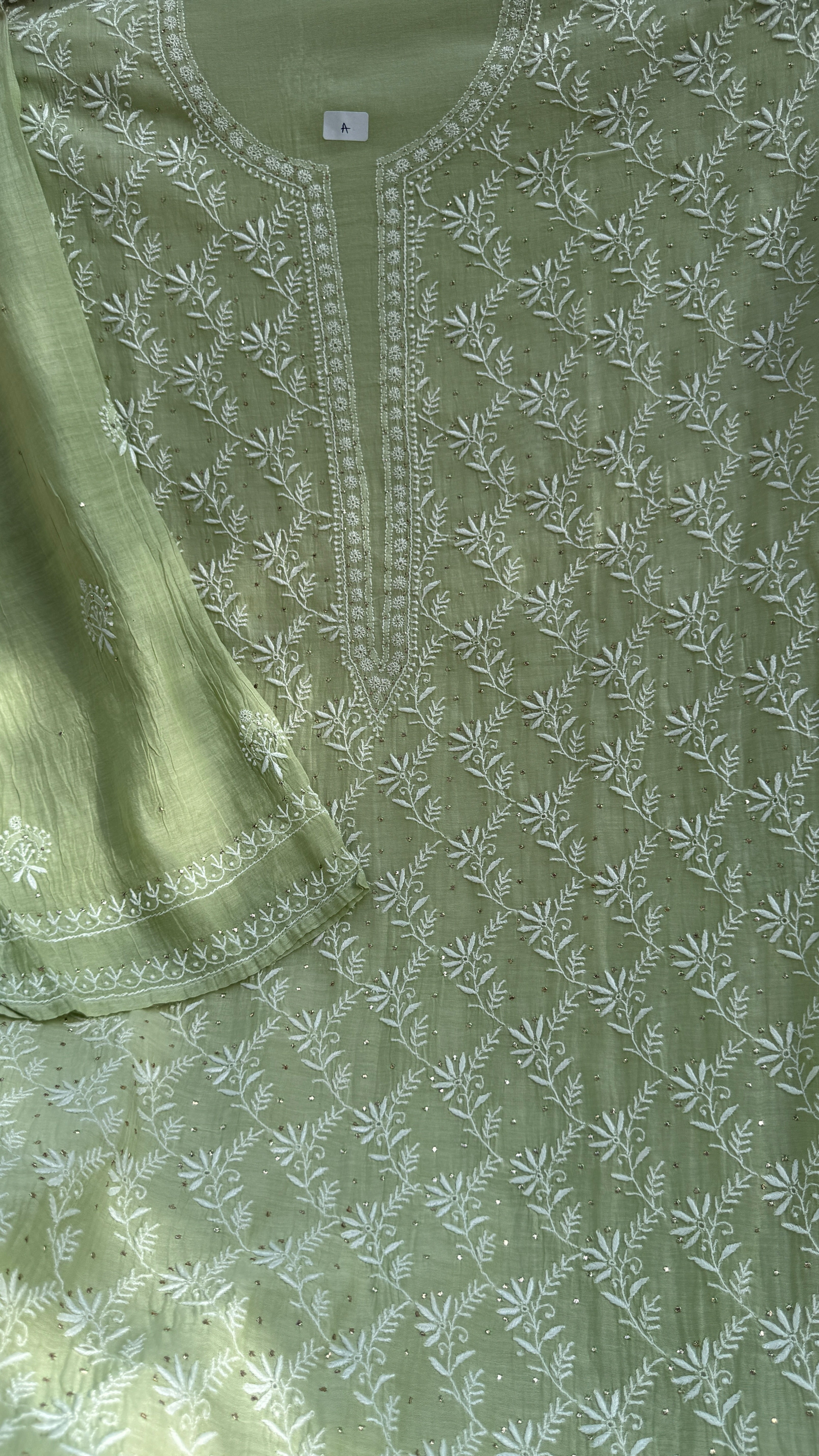 Mul Chanderi Chikankari Unstitched Length with Dupatta with Mukaish Add-On - Leaf Green
