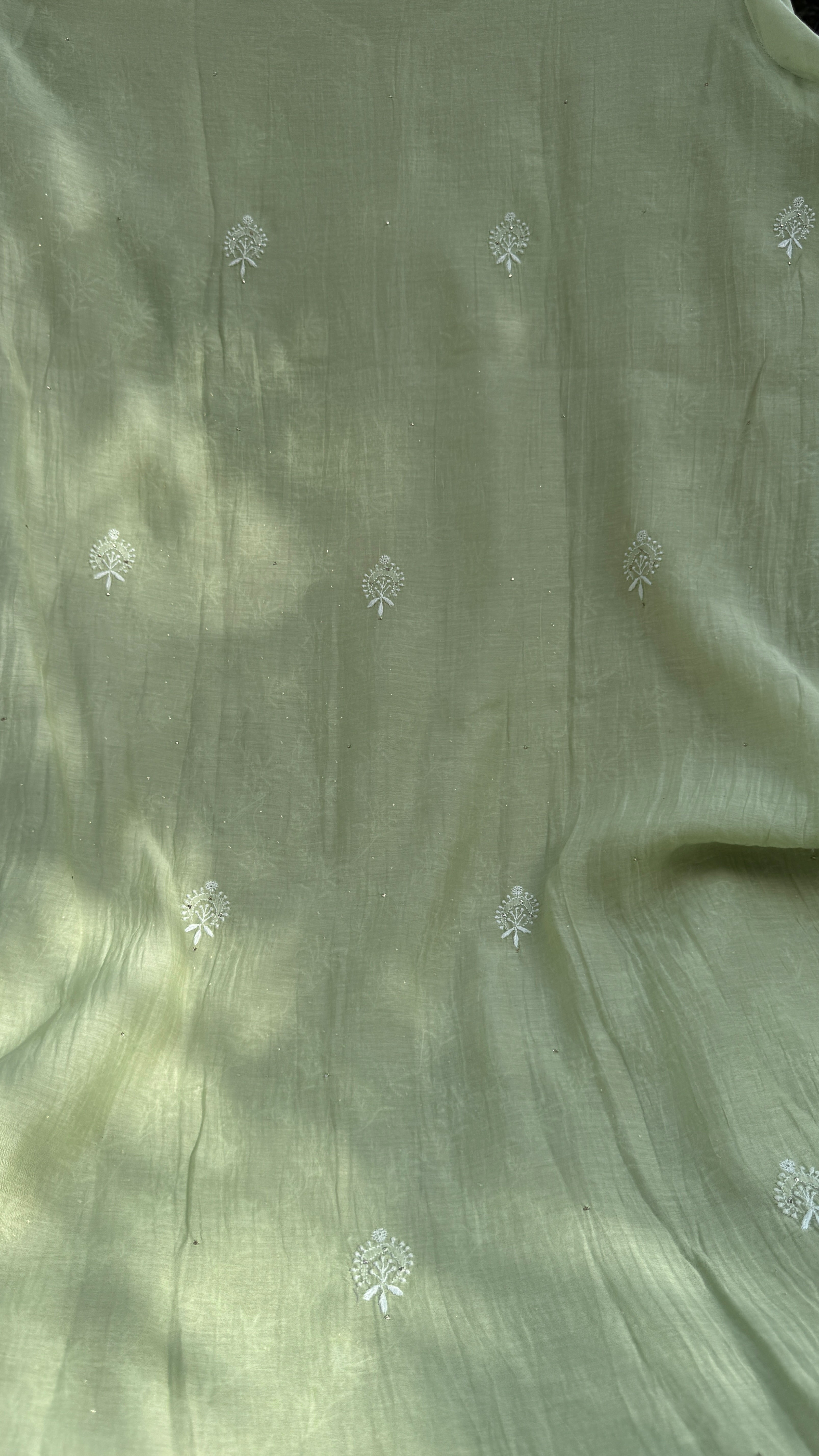 Mul Chanderi Chikankari Unstitched Length with Dupatta with Mukaish Add-On - Leaf Green