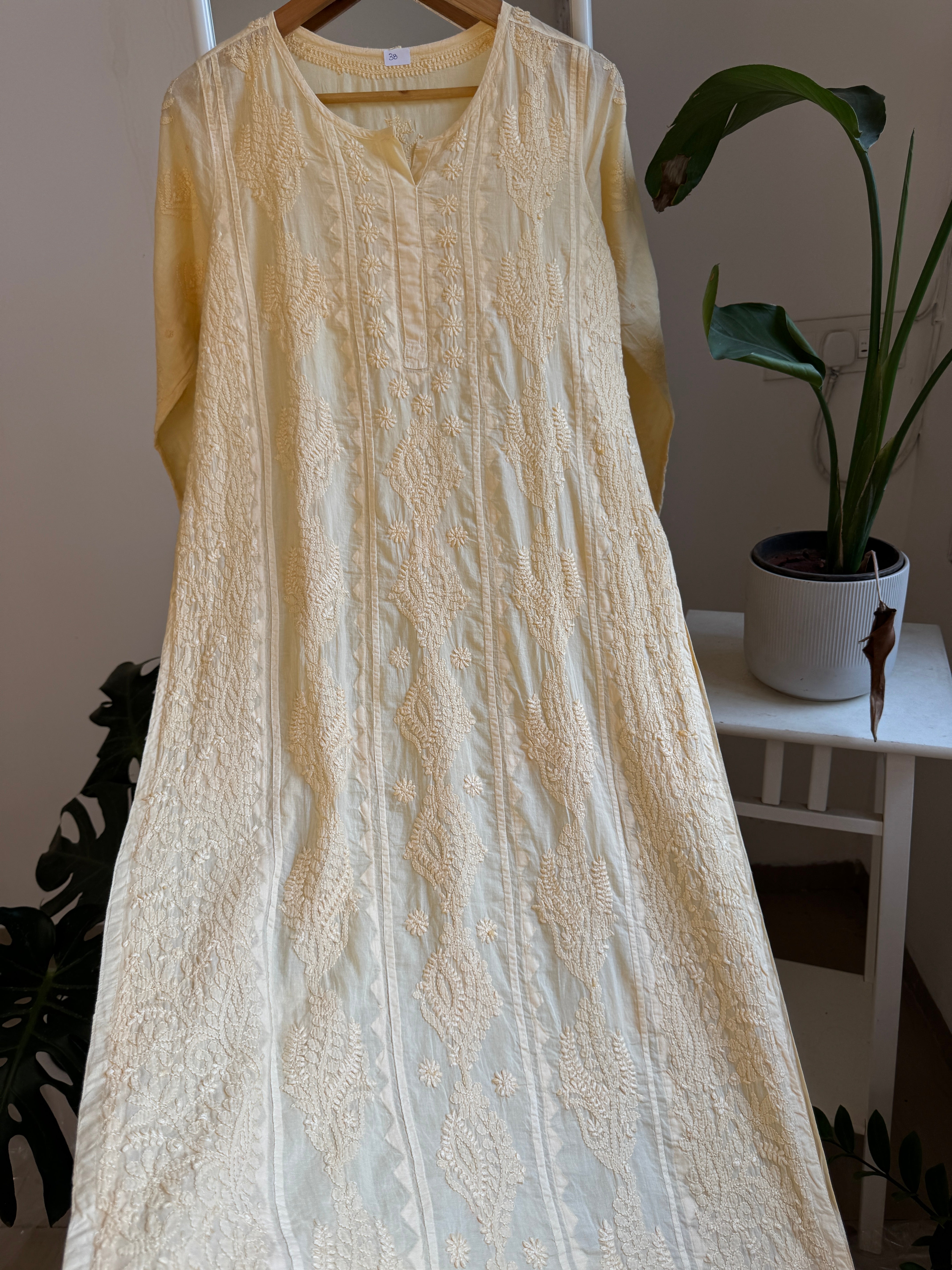 Mul Cotton Cream Yellow Chikankari Kurti - Bela Collection