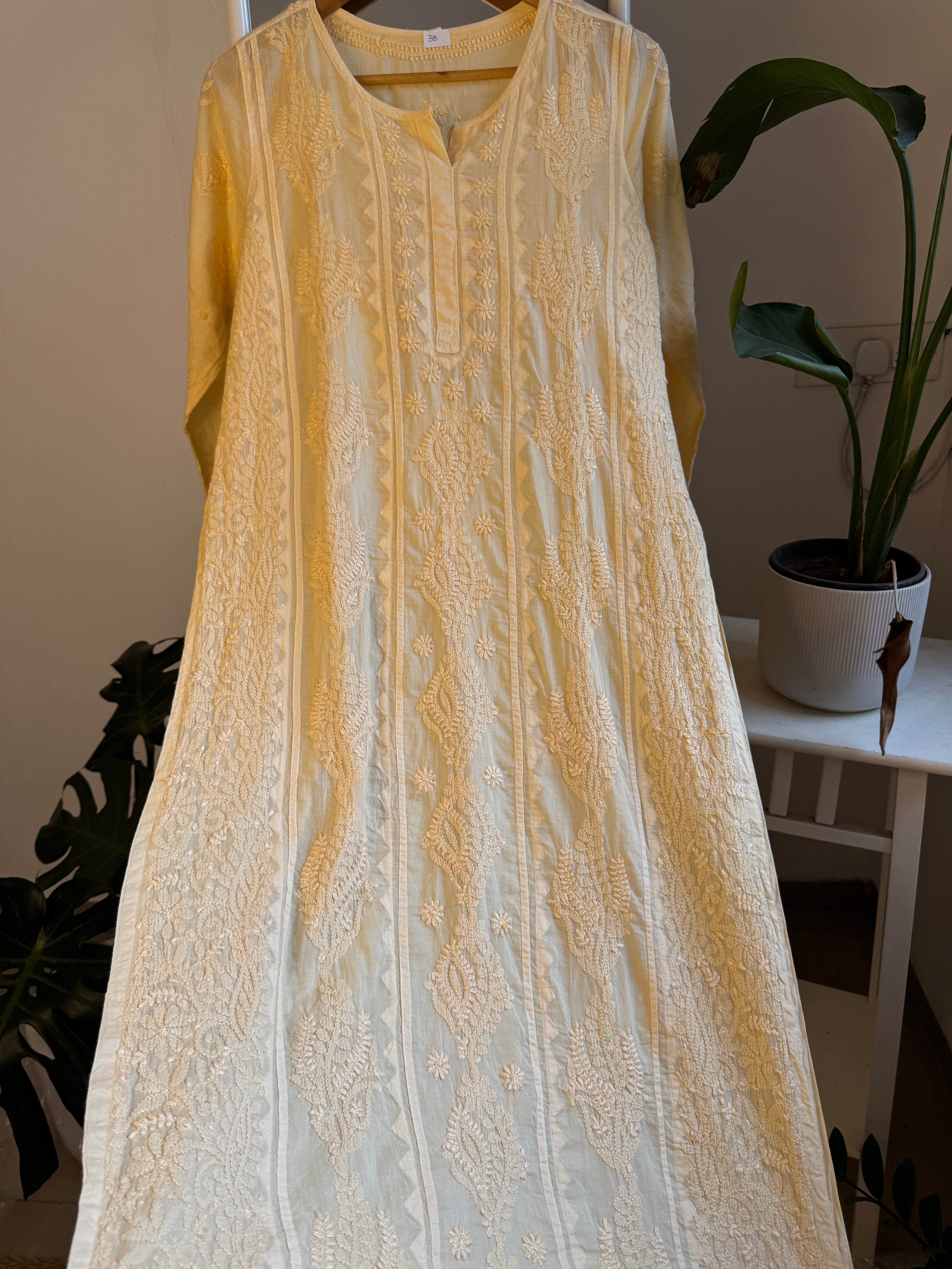 Mul Cotton Cream Yellow Chikankari Kurti - Bela Collection ARIAA CHIKANKARI 